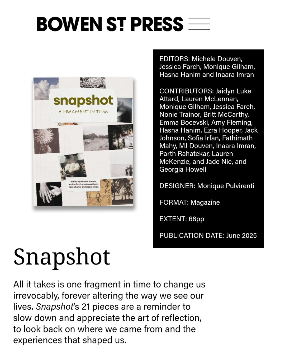 A cover page with the title 'Snapshot', a description of the journal  and a list of authors including Britt McCarthy