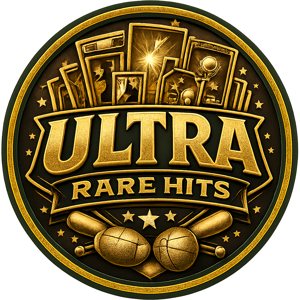 Gold and black badge for 'Ultra Rare Hits' featuring baseball bats, baseballs, and album covers with star accents.