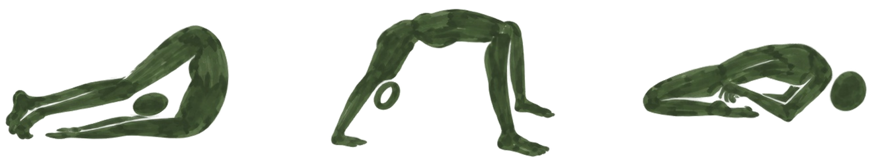 Three green illustrations of a person performing a yoga stretch, with the middle figure in a pose with hands on the ground, and the figures on either side in a reclining pose.