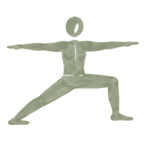 Silhouette of a person in a yoga warrior pose with arms extended horizontally.