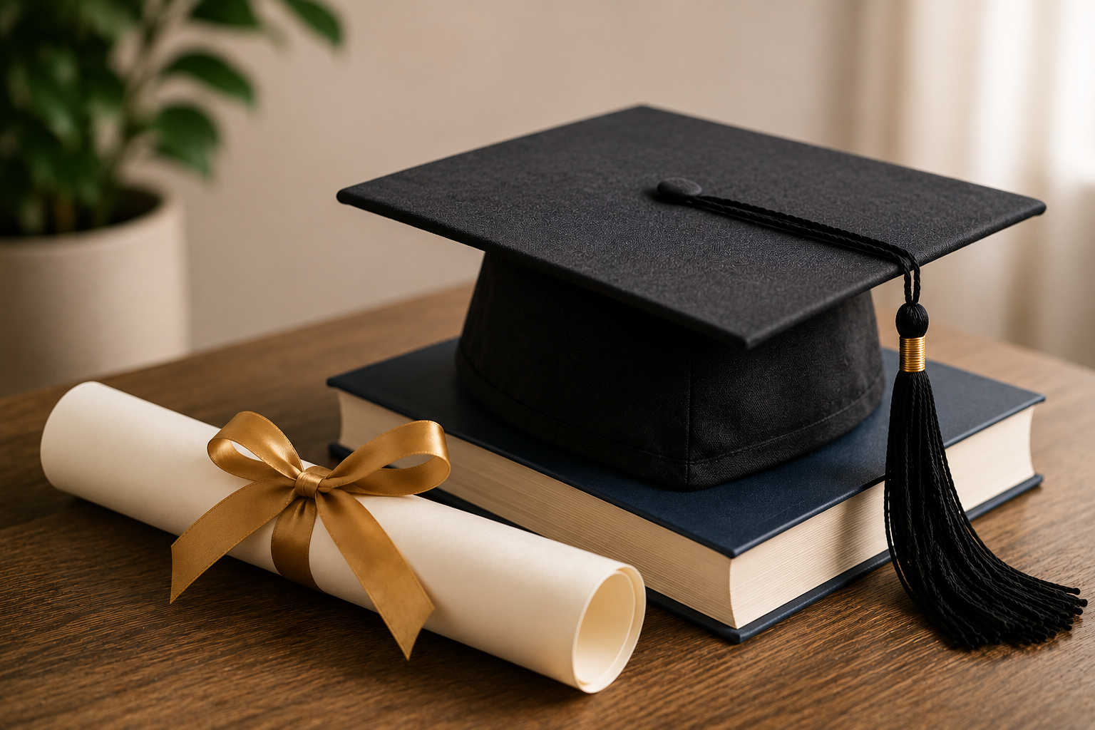 Black graduation cap on top of a large blue book, with a white diploma tied with a gold ribbon beside them, on a wooden surface.