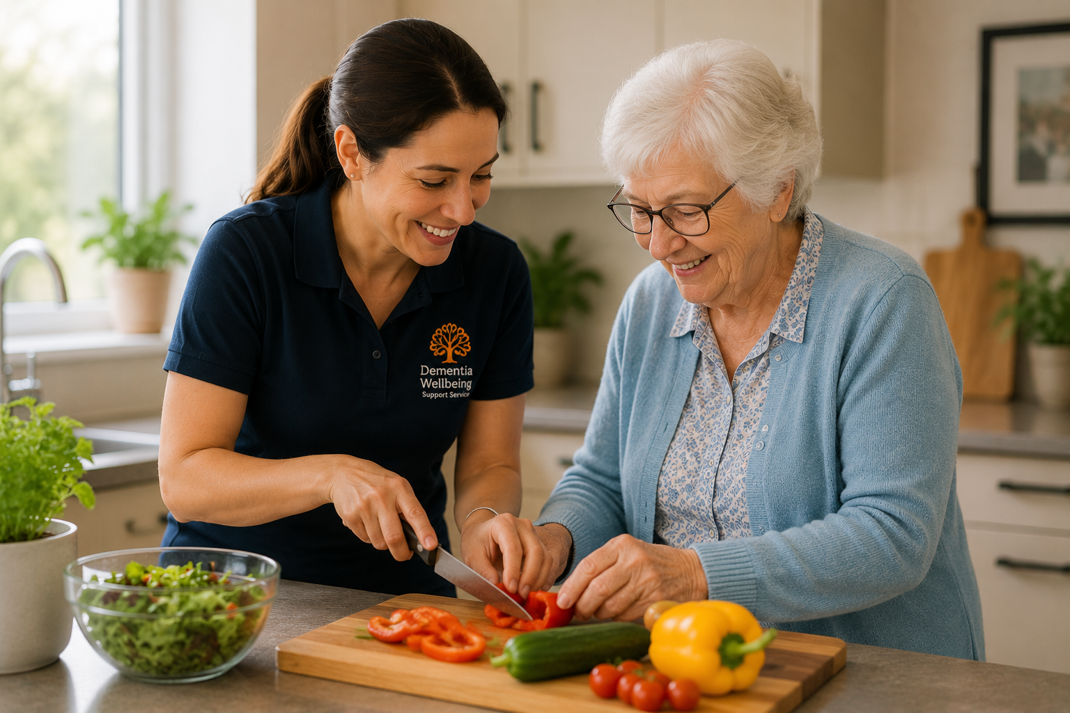 A woman with dark hair wearing a navy blue shirt helping an elderly woman with white hair and glasses chop vegetables in a kitchen. They are smiling and preparing a salad with colorful vegetables on a wooden cutting board.