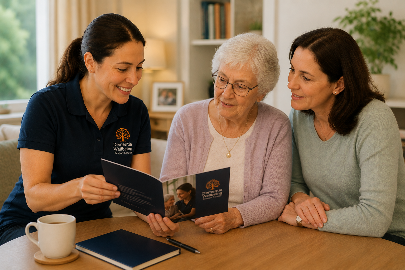 A young woman in a Dementia Wellbeing Support Service shirt shows a brochure to an elderly woman and a middle-aged woman sitting at a wooden table in a cozy home setting.