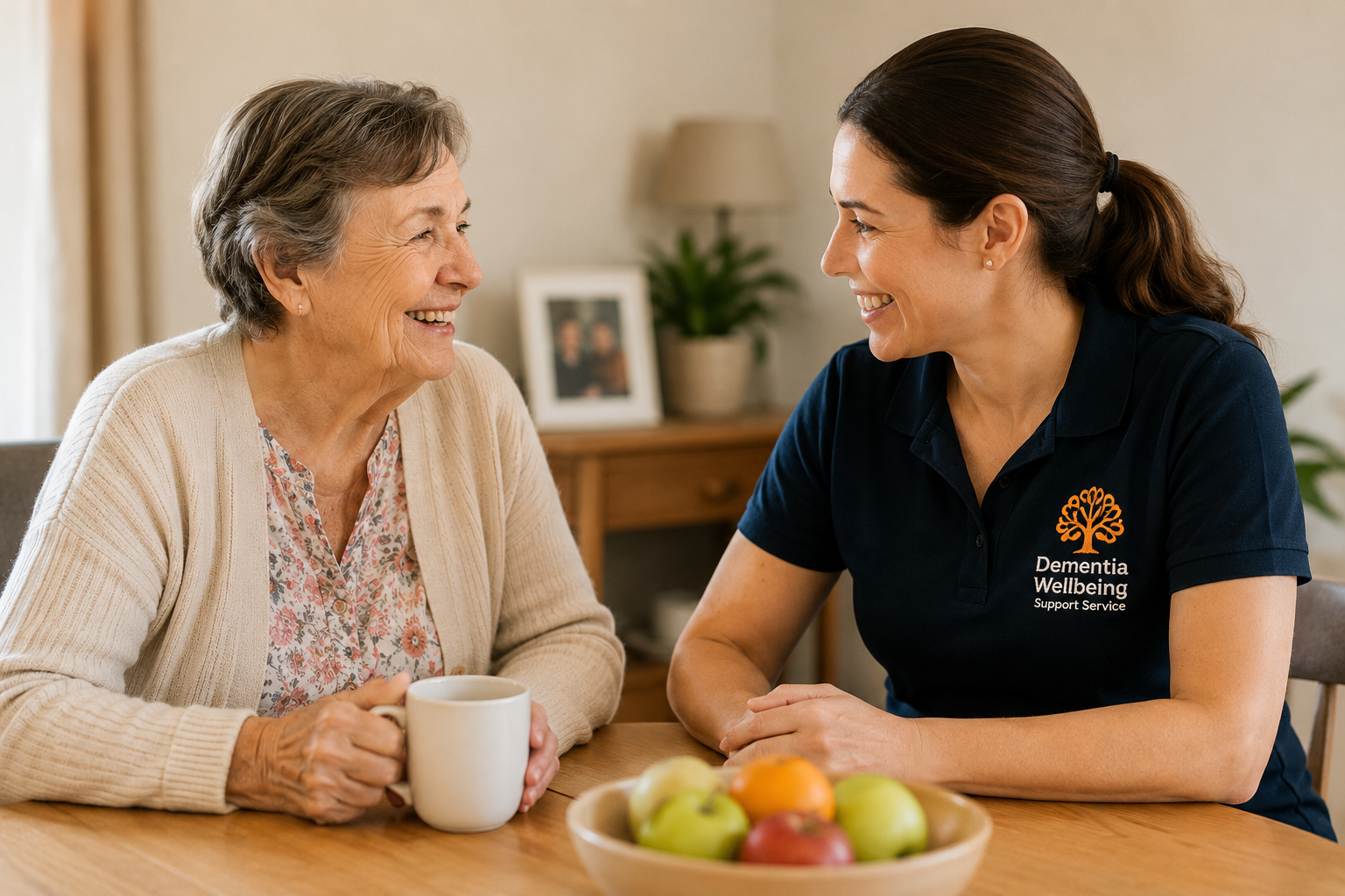 An elderly woman and a caregiver smiling and having a conversation at a dining table, with a bowl of fruit and a mug present in the scene.