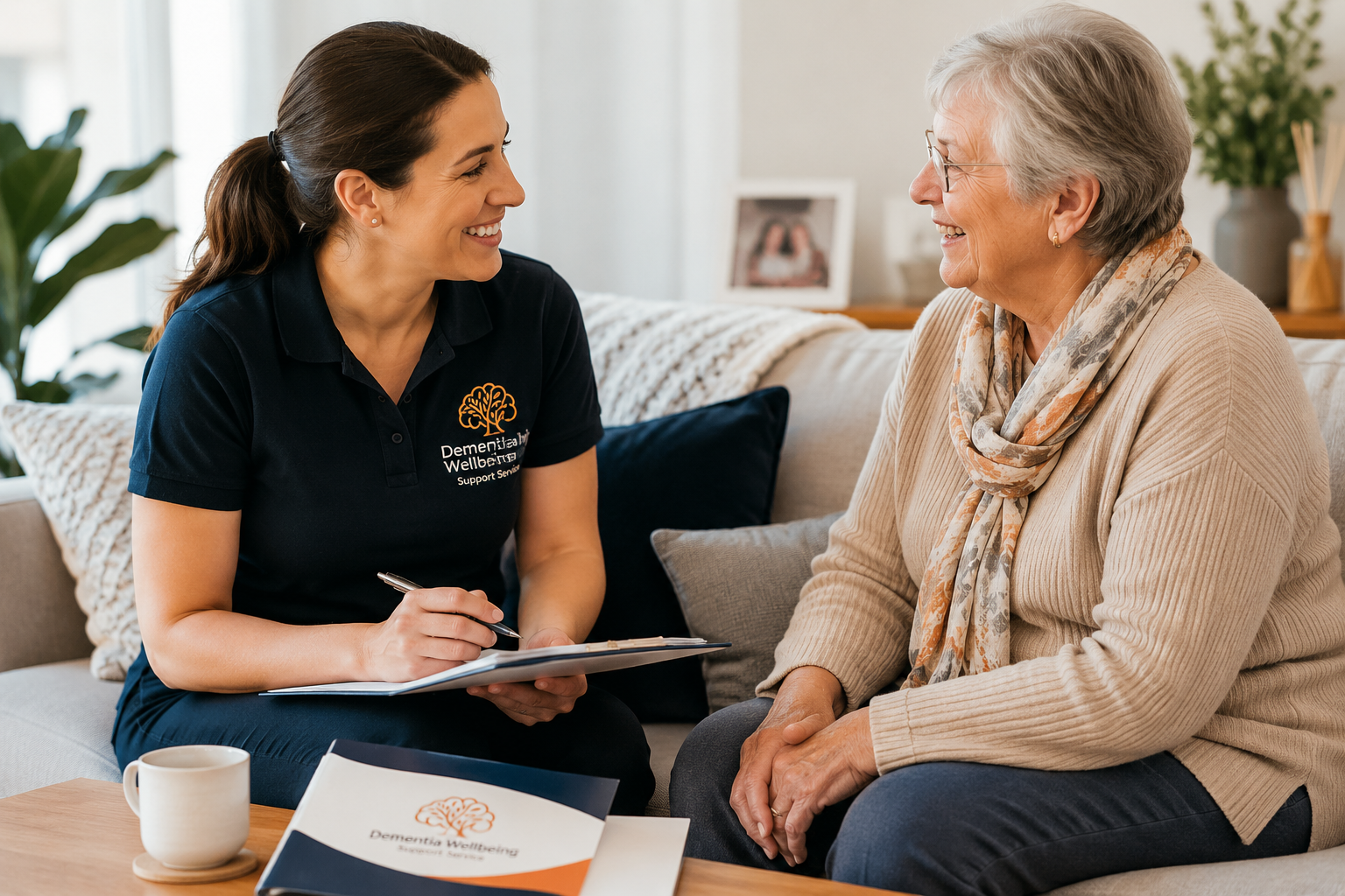 A young woman in a black support service polo shirt is sitting on a couch, smiling and holding a pen and clipboard as she talks to an older woman with gray hair, who is also smiling. They are in a cozy living room with a coffee table, a cup, and a brochure titled 'Dementia Wellbeing.'