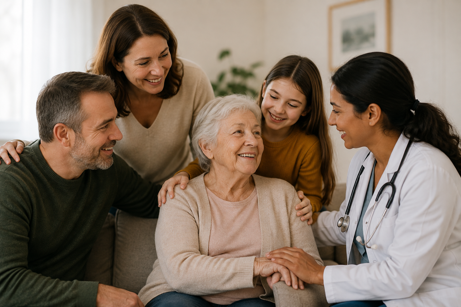 Family with elderly woman visiting a doctor in a cozy home setting.