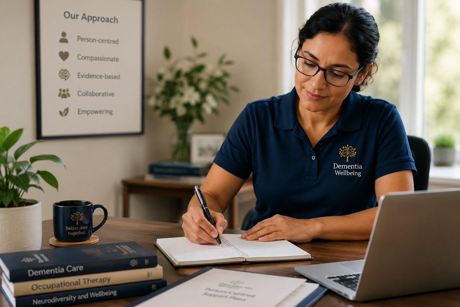 A woman with glasses wearing a blue shirt with 'Dementia Wellbeing' logo, sitting at a desk, writing in an open notebook, with a laptop, stacked books, and a mug that says 'Better days together' in front of her; a poster on the wall behind lists 'Our Approach' points about person-centered, compassionate, evidence-based, collaborative, and empowering care; a potted plant and flowers are also visible.