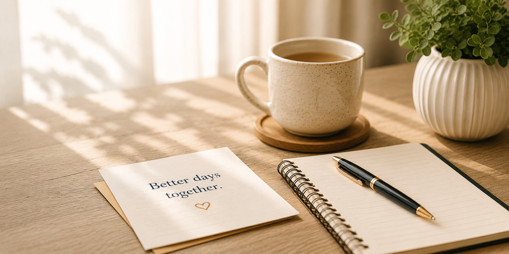 A wooden desk with a lined notebook, a black and gold pen, a cup of tea on a wooden coaster, a potted green plant, and a note that says 'Better days together' with a small heart drawing.