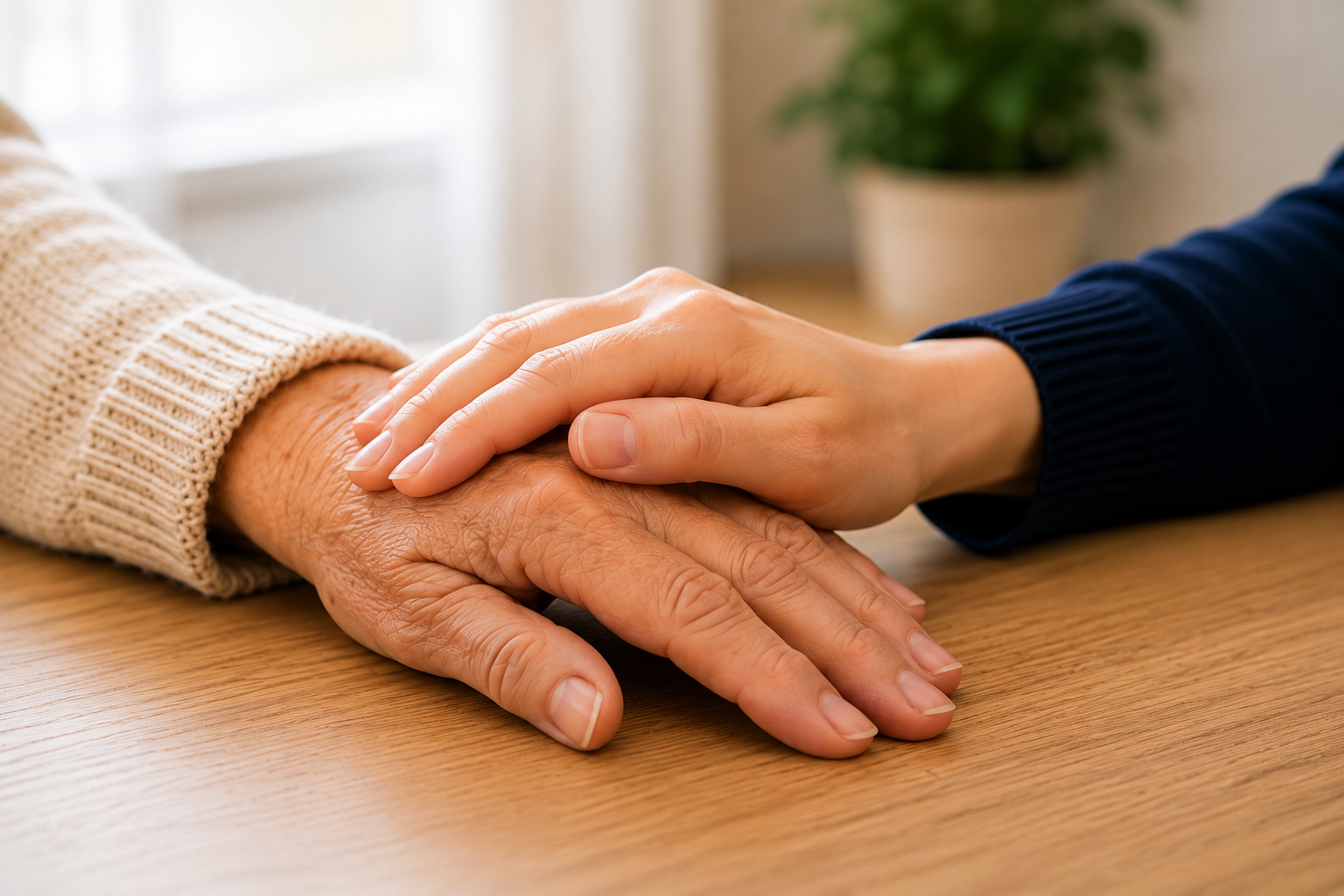 One person holding another person's hand on a wooden table, with a potted plant in the background.