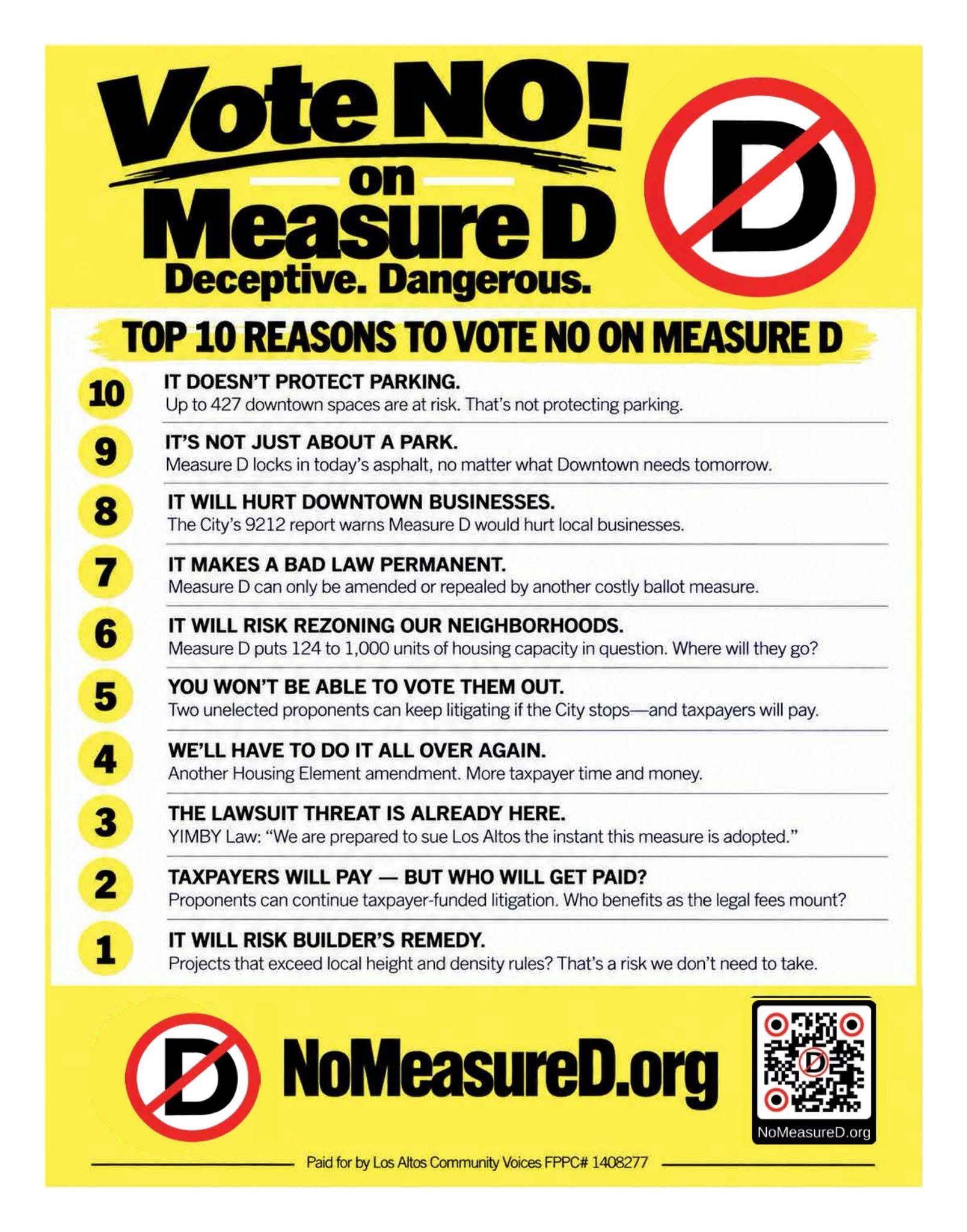 Yellow flyer protesting Measure D with bold black and red text, 'Vote NO! on Measure D,' listing top 10 reasons to oppose it, including concerns about parking, downtown business impact, and legal issues, with a QR code at the bottom.