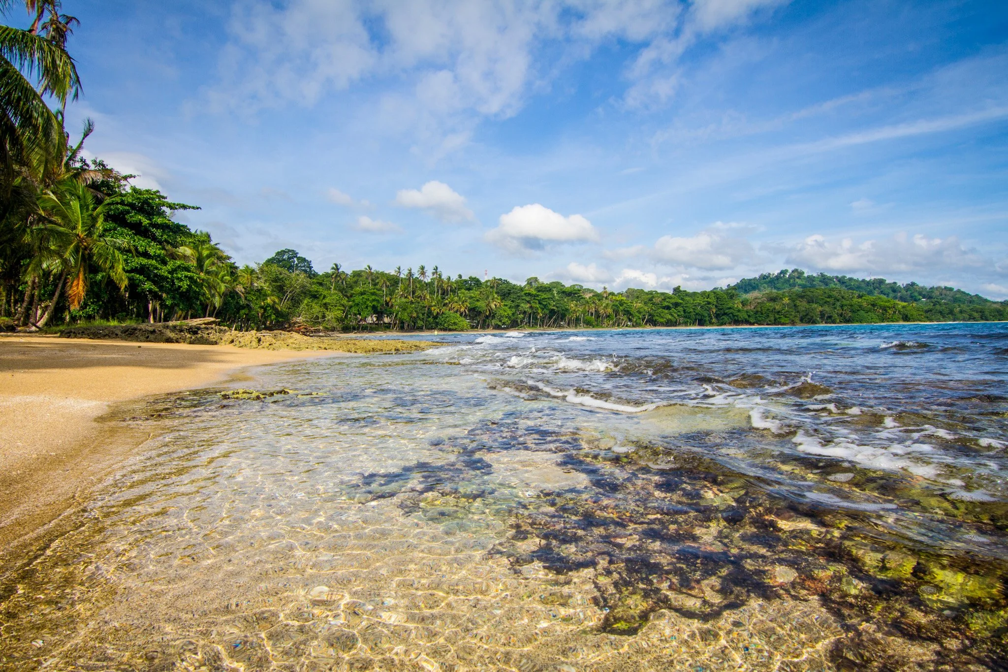 Tropical beach with clear water, sandy shoreline, lush green trees, and a partly cloudy blue sky.