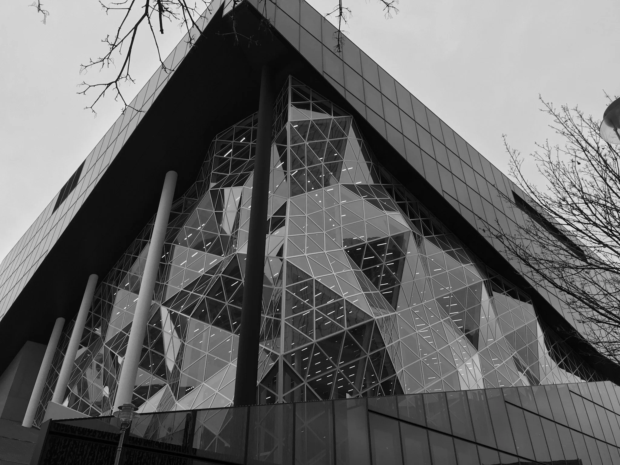 Black and white photo of modern glass building with angular design, surrounded by leafless tree branches and a street lamp.