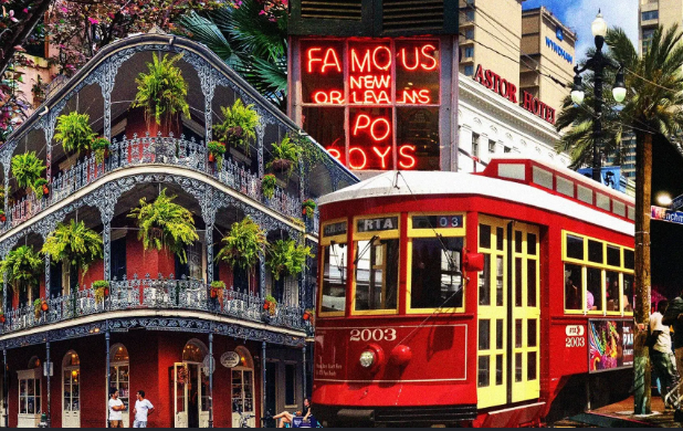 A colorful street scene featuring a red and yellow tram, buildings with decorative balconies and plants, and a neon sign that reads 'FAMOUS NEW ORLEANS PO BOYS' in the background.