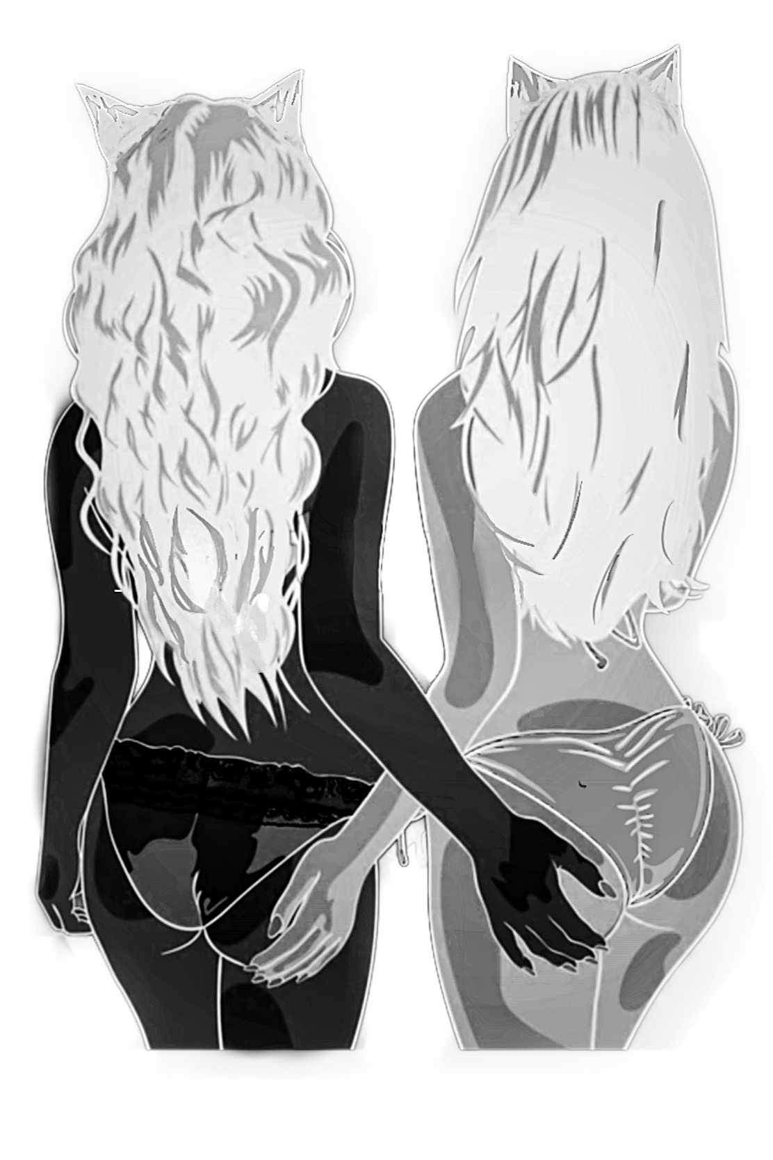 Two women with long, wavy hair sitting with their backs turned, one with dark hair and medium skin tone, and the other with light hair and fair skin, both wearing dark clothing, in a black and white illustration.