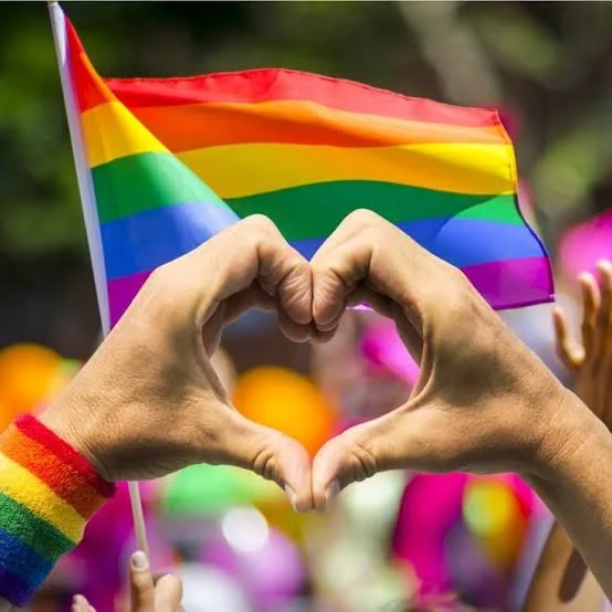 Hands forming a heart shape in front of a rainbow pride flag at a pride event.