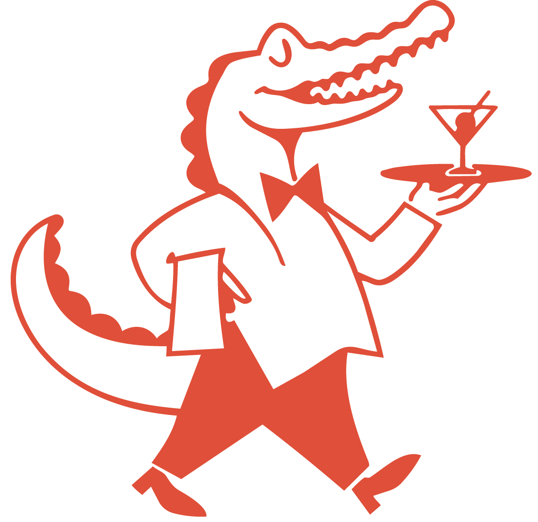 Cartoon of a crocodile dressed as a waiter, holding a cocktail glass on a tray, wearing a tuxedo with a bow tie, and walking.
