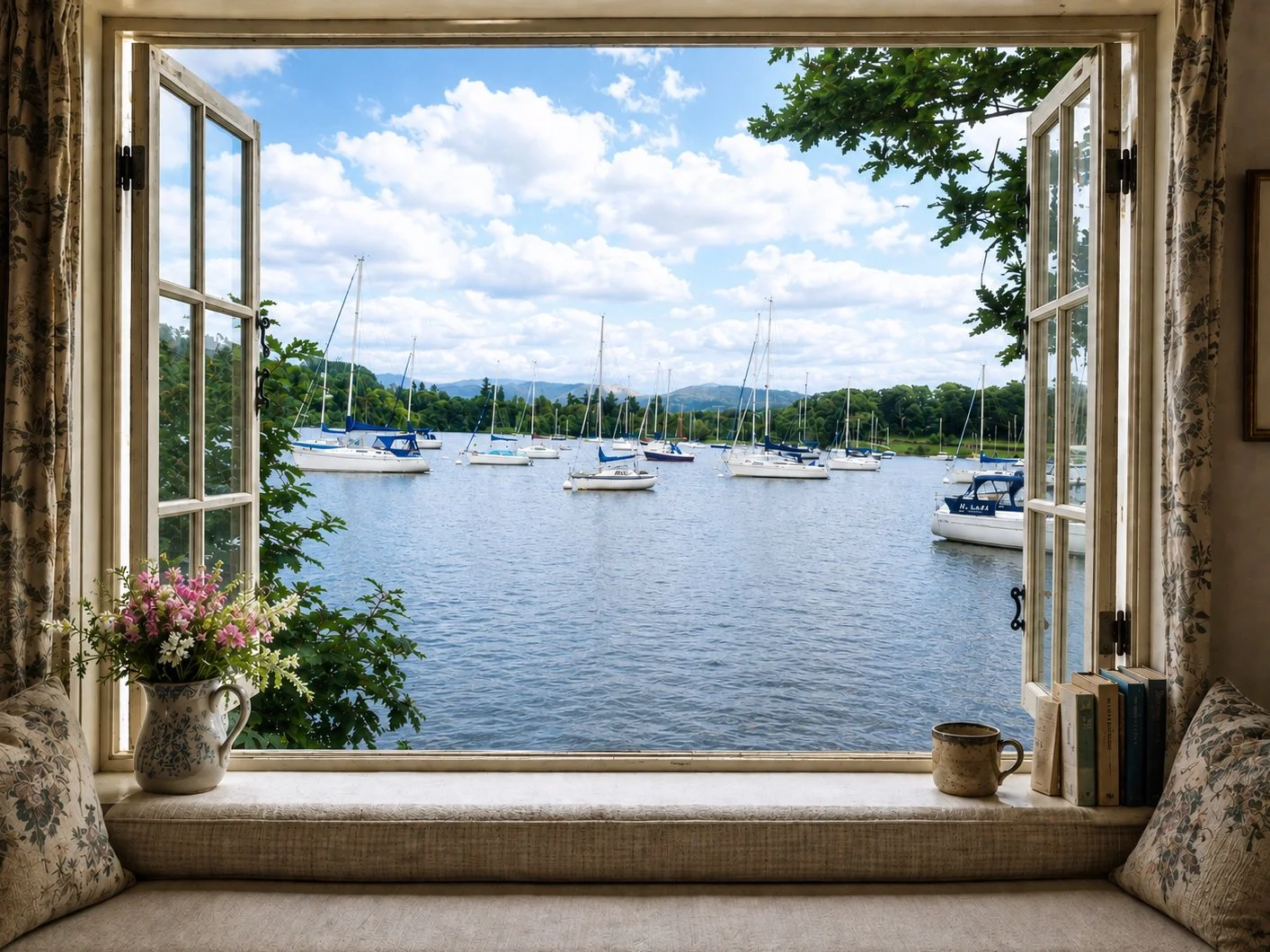 Lake District landscape with sailboats, viewed through an open window.