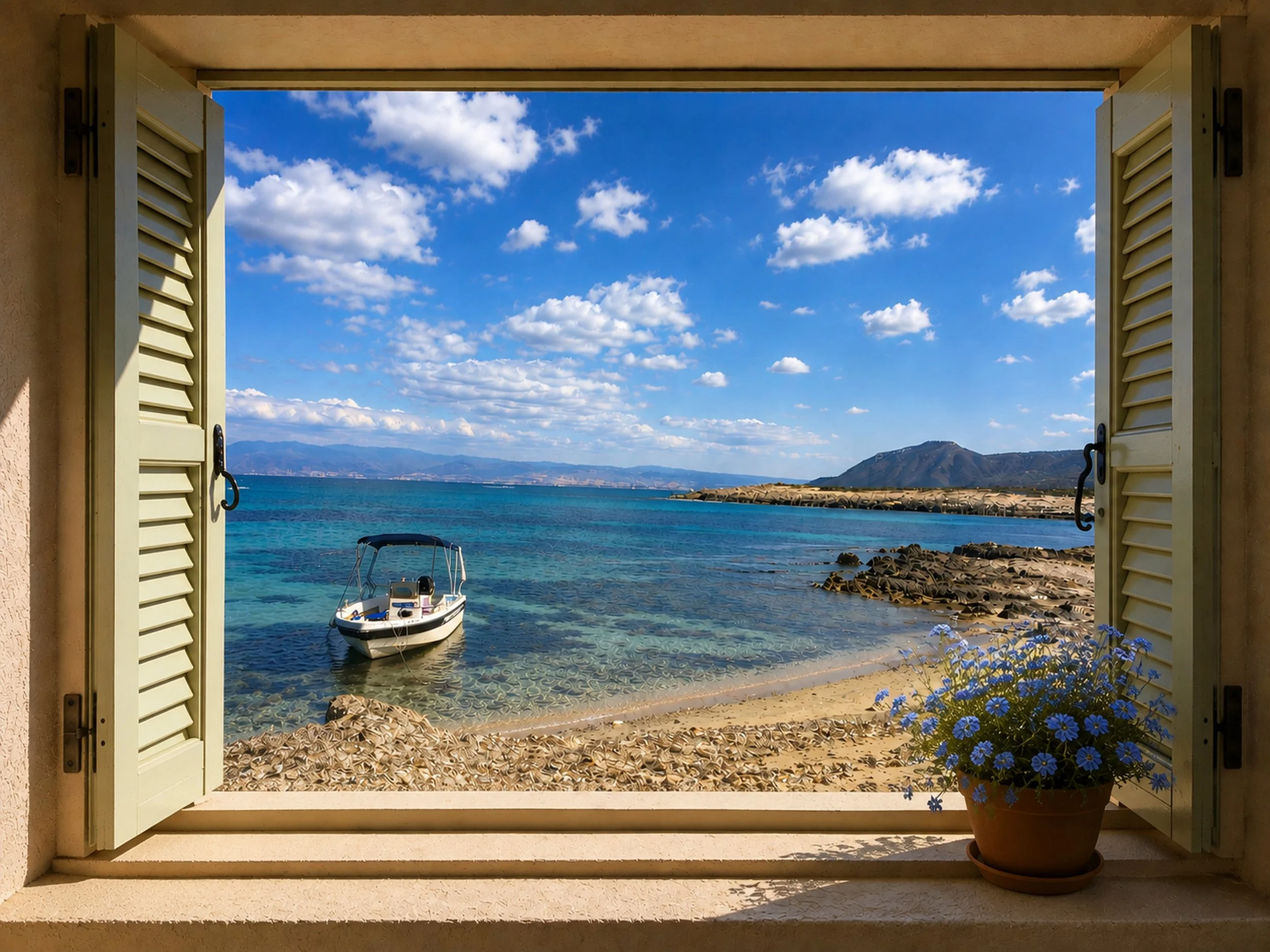 A quiet cove in Cyprus, viewed through an open shuttered window.