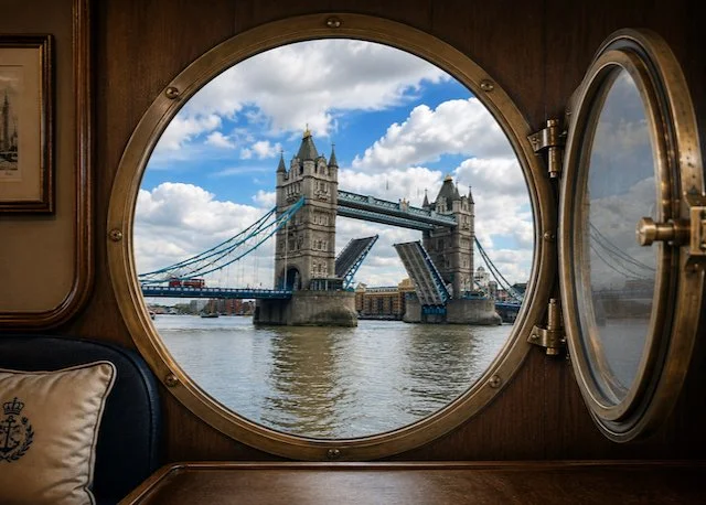 View of the Tower Bridge in London through a circular window on a boat.