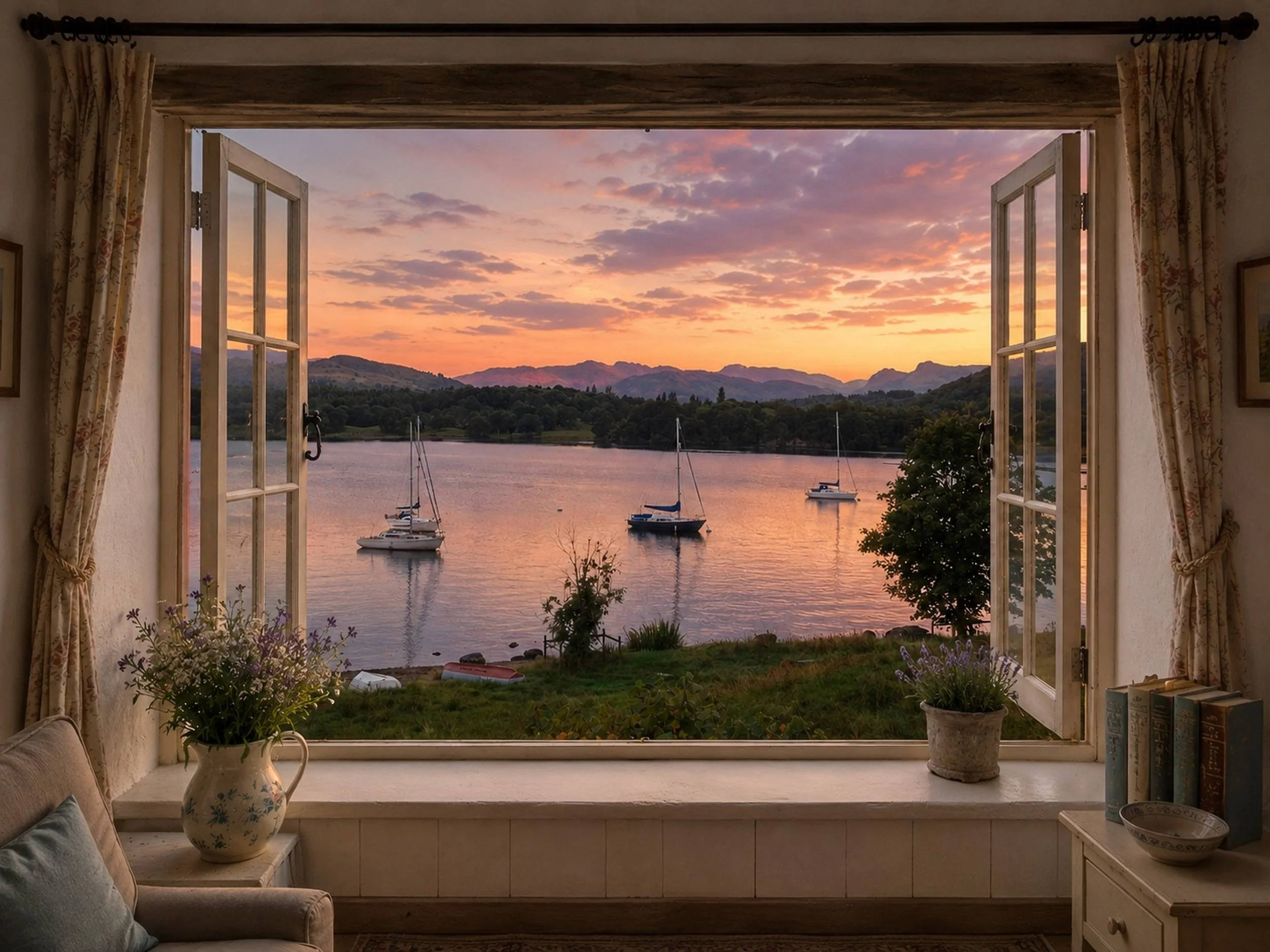 Lake District at dusk, viewed through an open window.