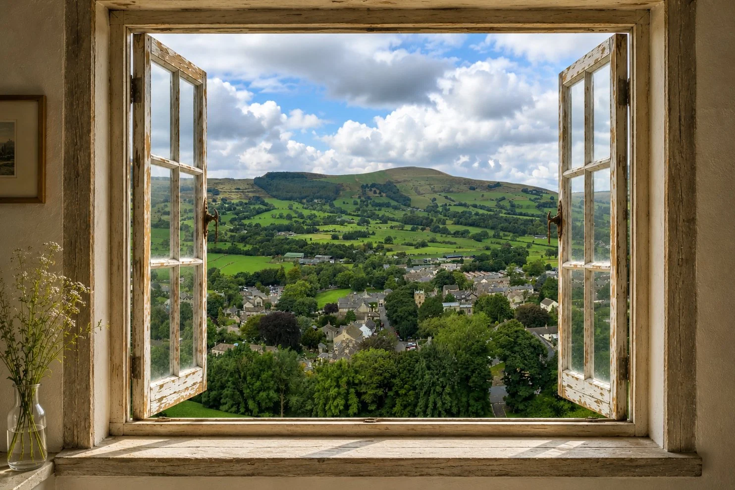 The Peak District, Derbyshire, viewed through an open window.