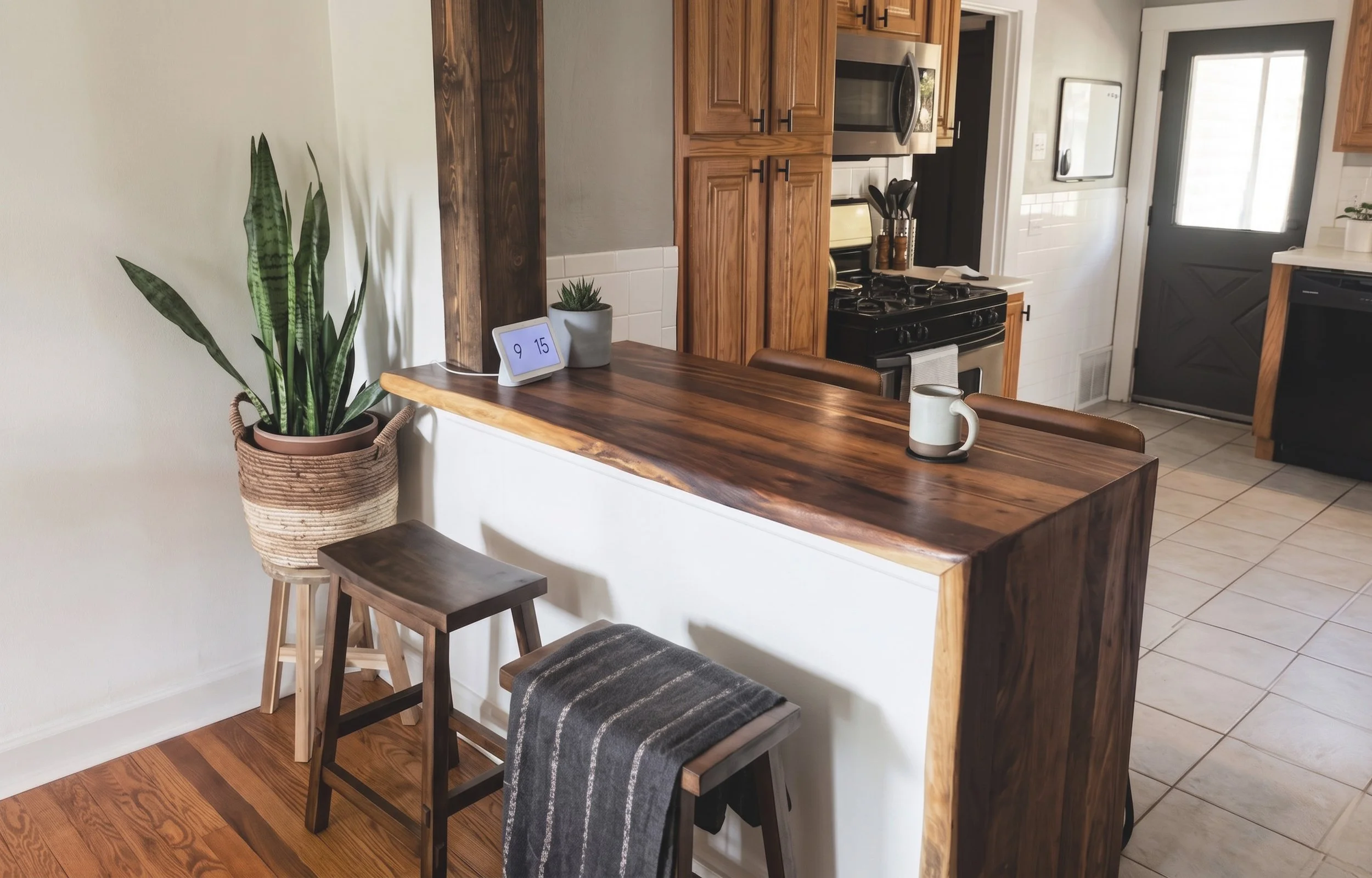 A kitchen with wooden cabinets, a black stove, and a door. There is a countertop with a white mug, a small digital clock, and a potted plant. Barstools are placed at the wooden breakfast bar, and a towel hangs from the stove handle.