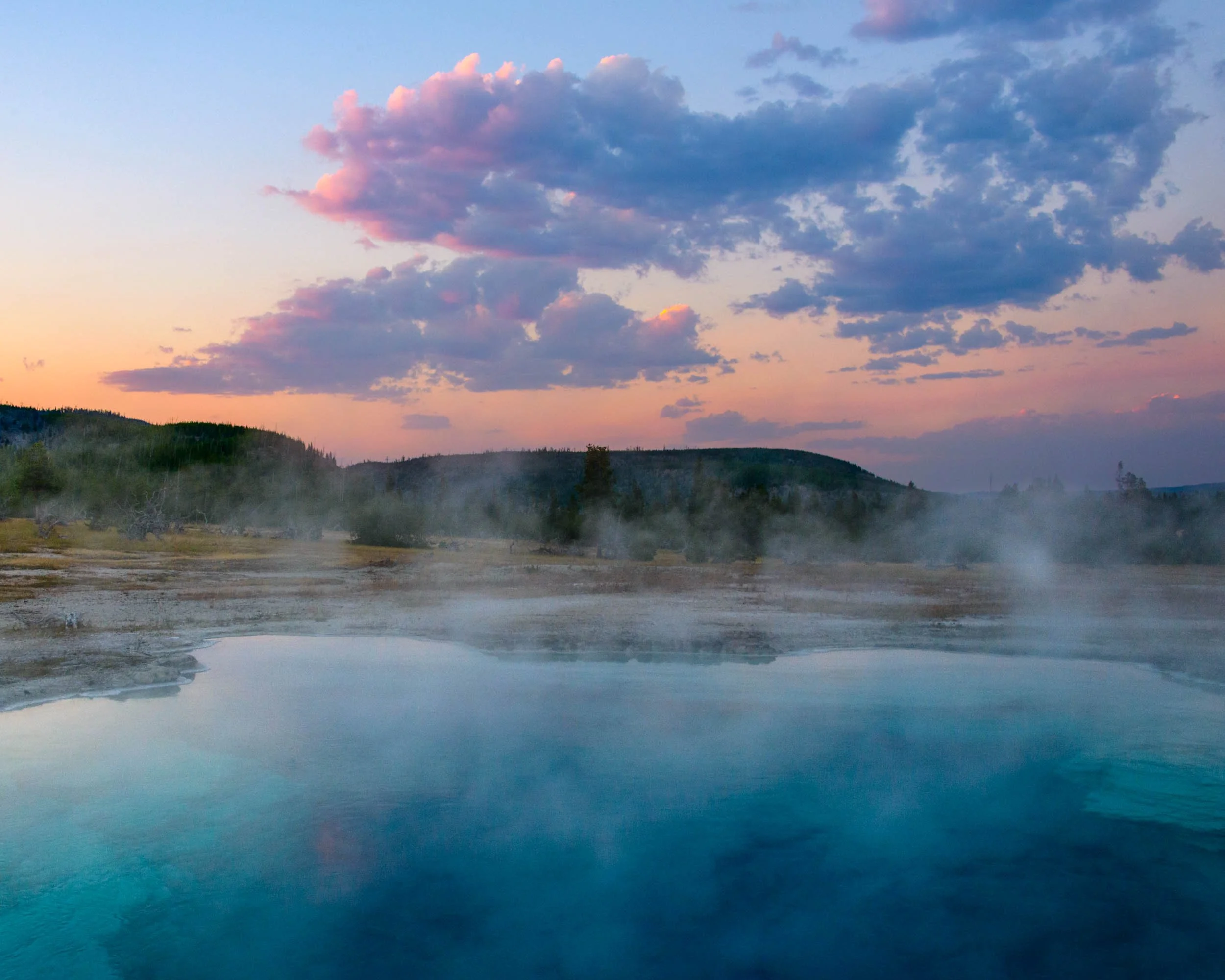 Cotton Candy Clouds over Sapphire Pool, Yellowstone National Park, Wyoming, USA