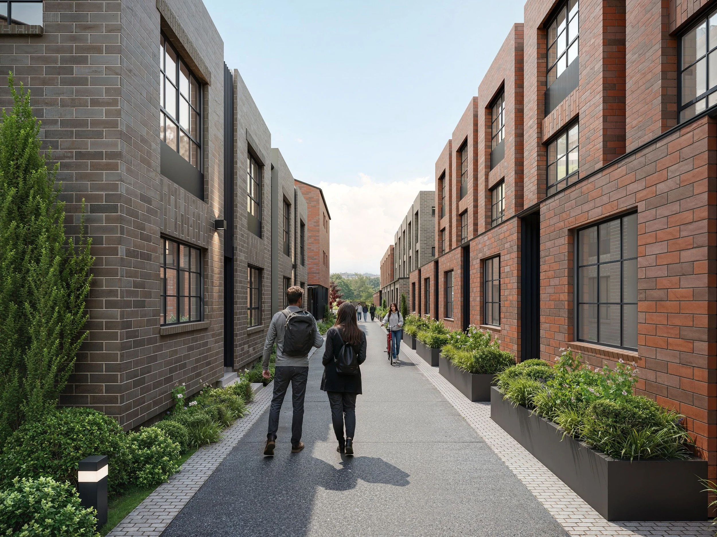 People walking along a modern brick and concrete residential street with landscaping and planters on the sides.