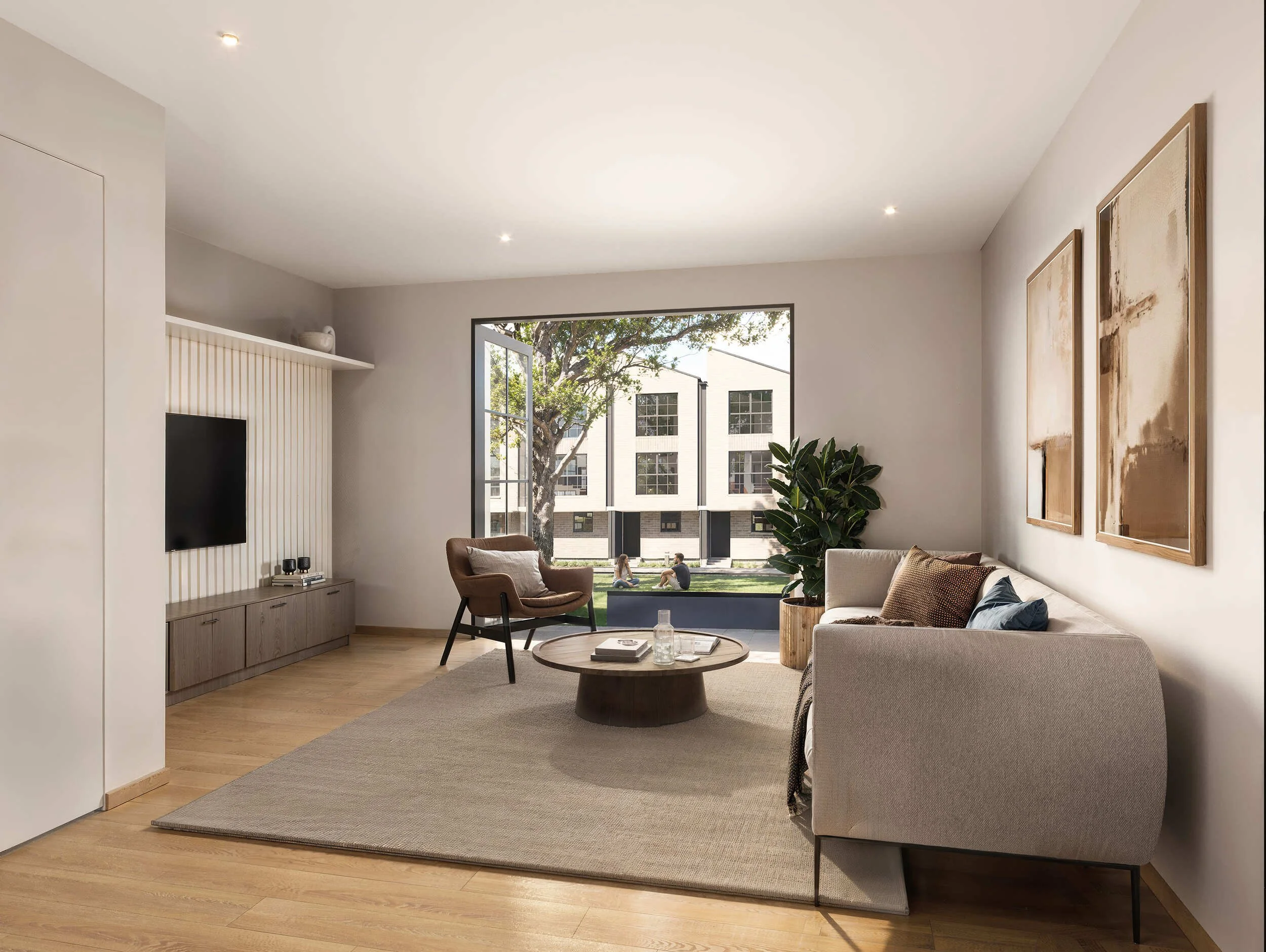 Modern living room with large window, beige sofa, brown armchair, coffee table, artwork on wall, and plants.