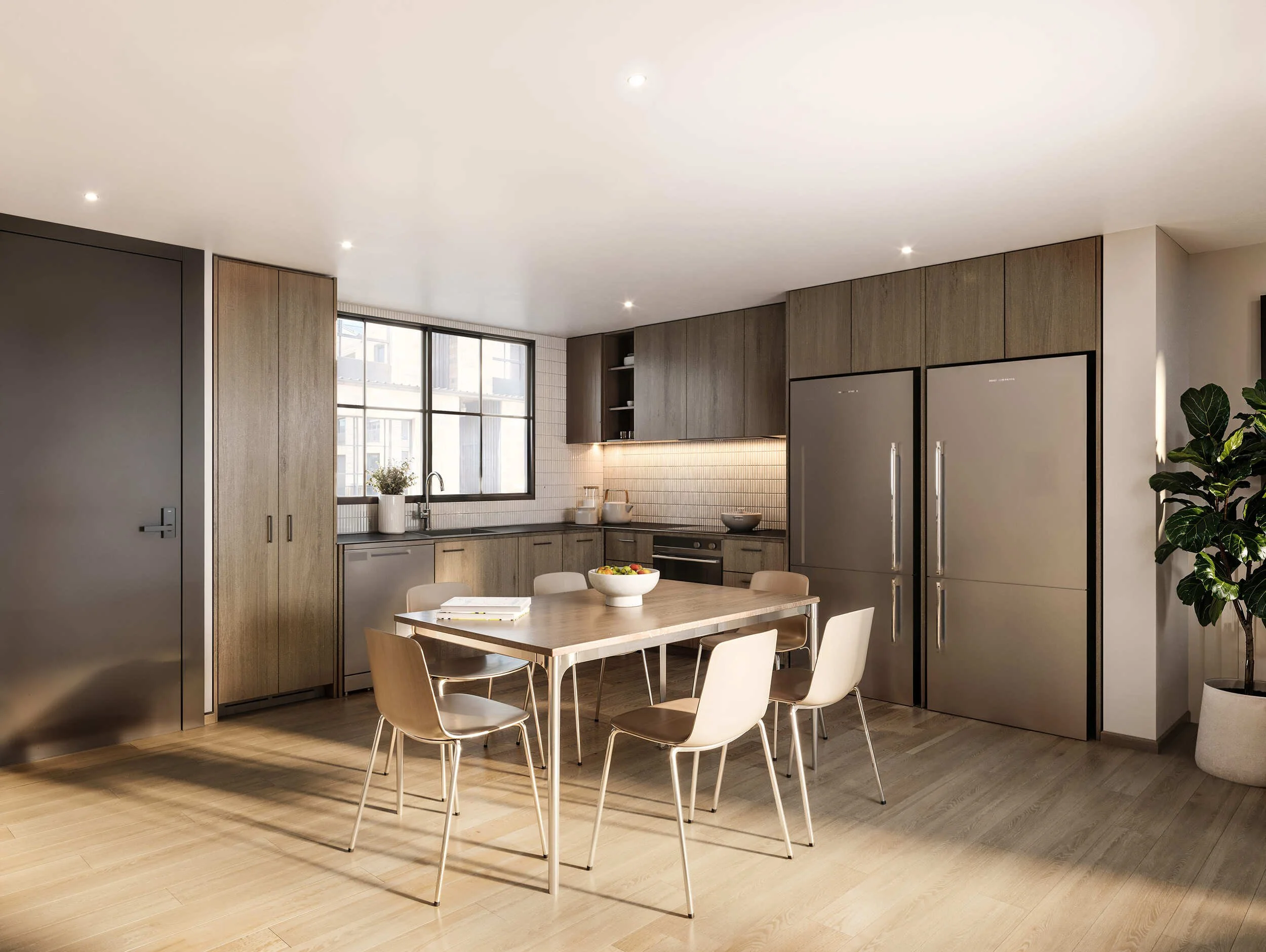 Modern kitchen with wooden cabinets, stainless steel refrigerator, dining table with six chairs, large window, potted plants, and minimalist decor.
