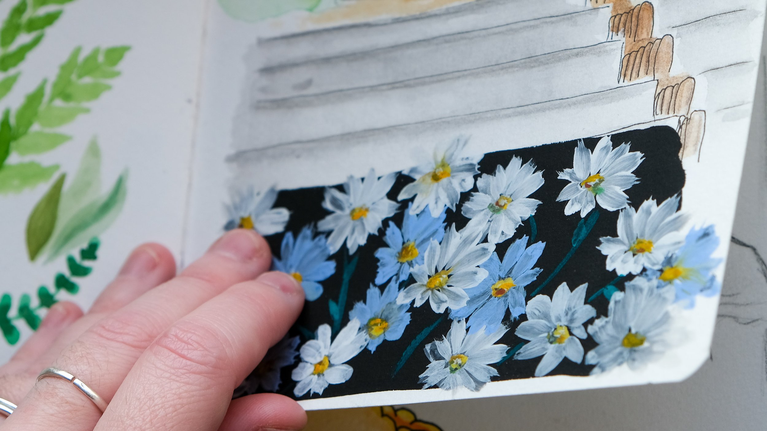 Une main tient une carte illustrée de fleurs blanches avec des centers jaunes et verts sur un fond noir.
