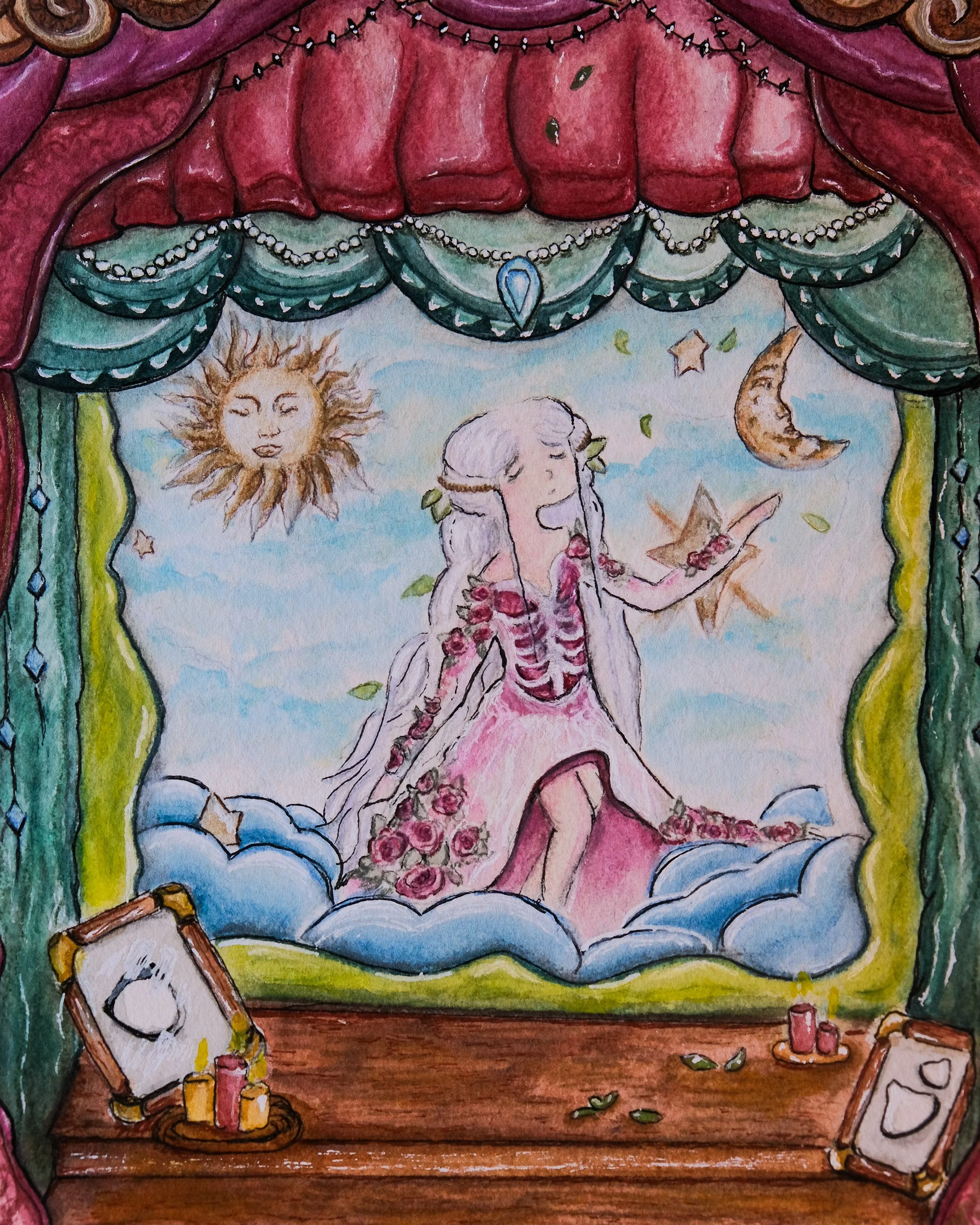 Une peinture représentant une scène de tarot avec une femme, un soleil, une lune, des étoiles, et des éléments de décoration comme des bougies et des bijoux, dans un style artistique coloré et imaginatif.
