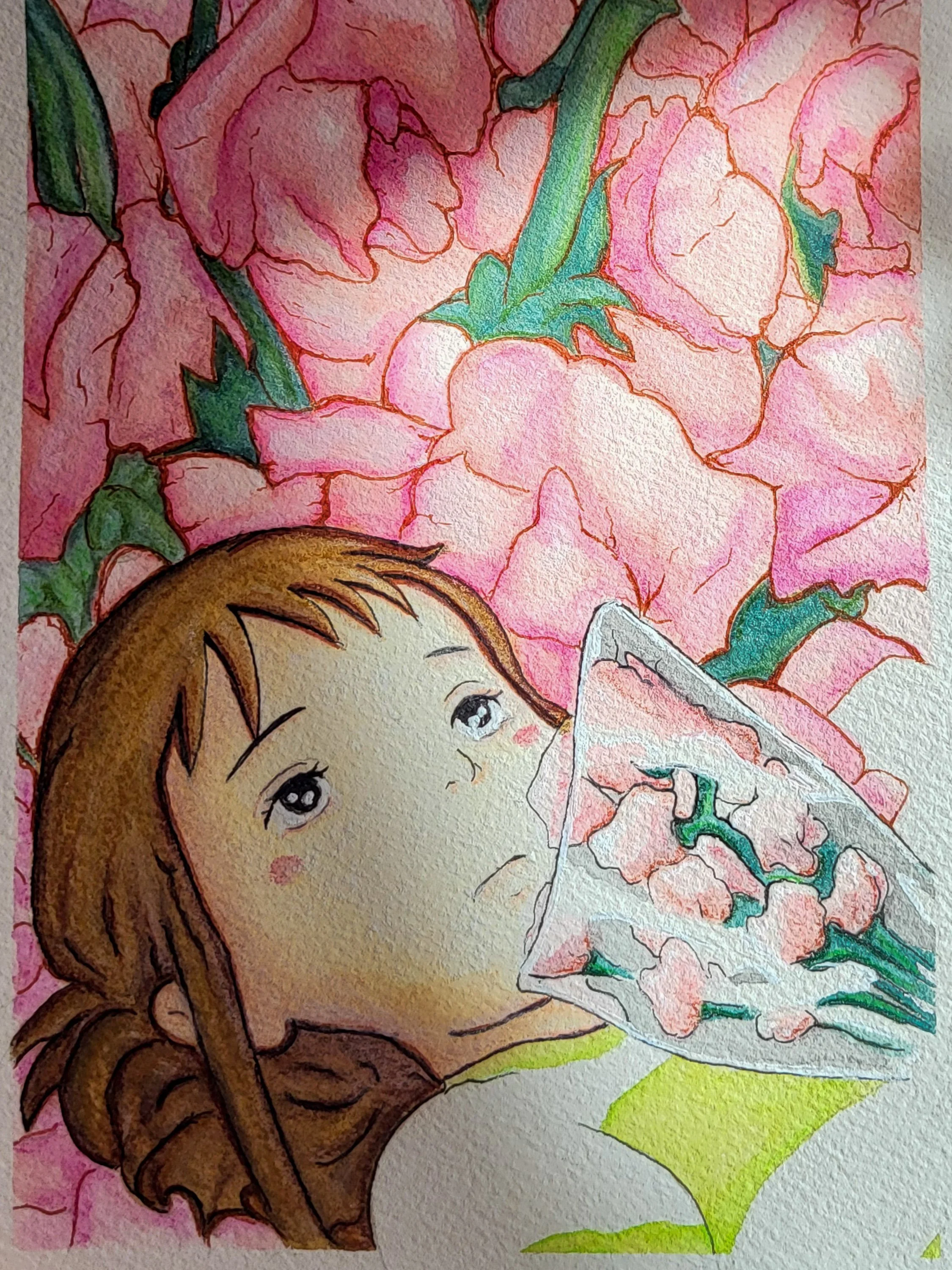 Une illustration watercolor d'une jeune fille aux cheveux bruns, tenant une feuille d'arbre avec des fleurs roses en arrière-plan.