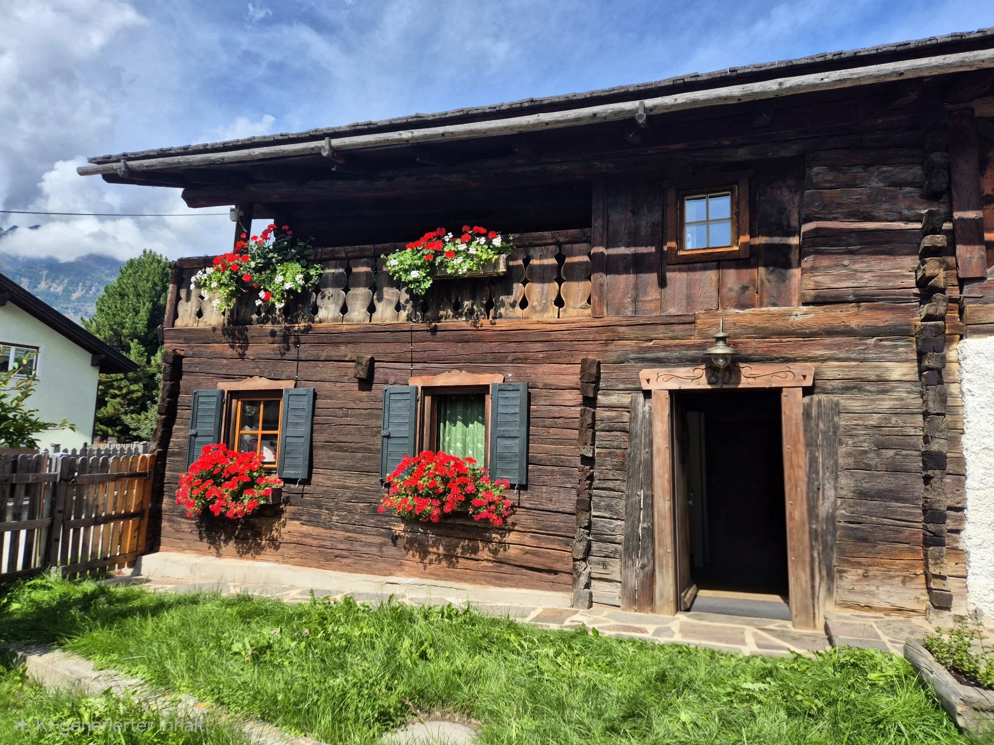Ein traditionelles rustikales Holzblockhaus mit kleinen Fensterläden und Blumen im Fensterkasten sowie Blumenkübel vor dem Haus, umgeben von Wiese und einem Himmel mit Wolken im Hintergrund.