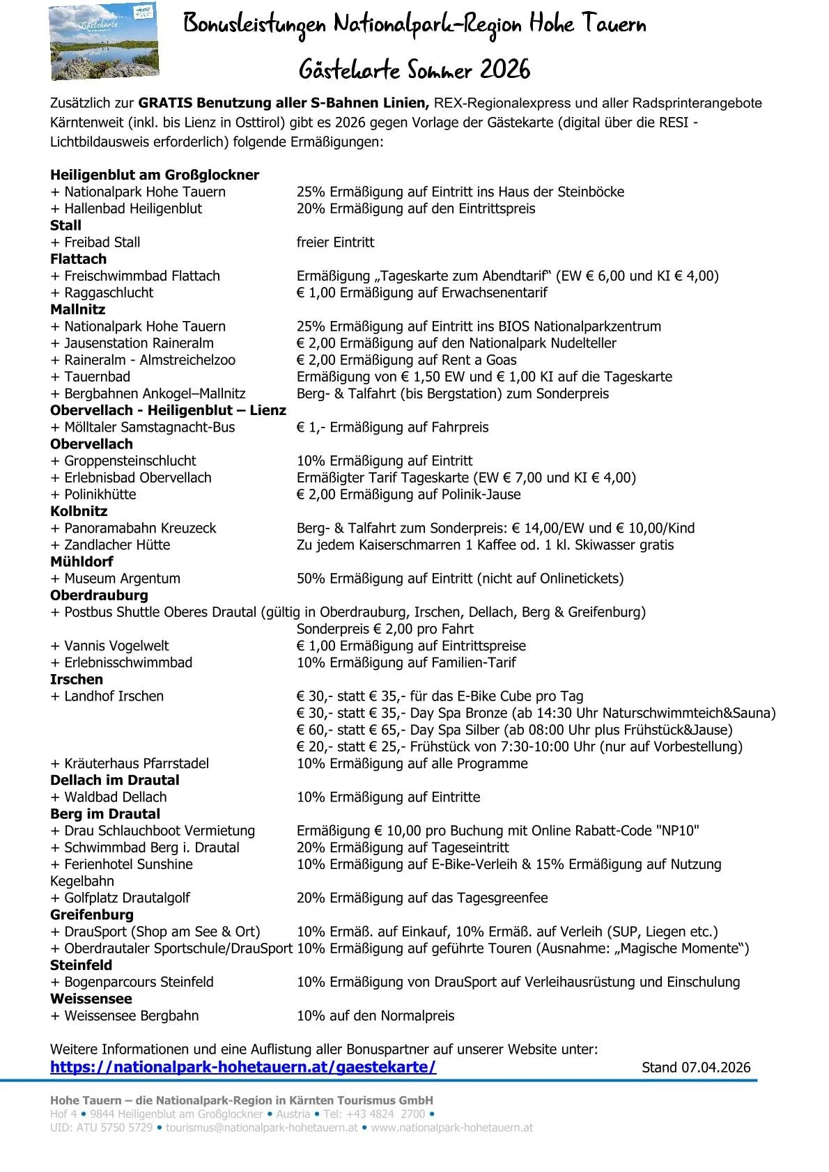 Informationsblatt mit Bonusangeboten für den Sommer 2026 im Nationalpark Hohe Tauern, Kärnten. Enthält Ermäßigungen bei Eintritt, Attraktionen und Aktivitäten in verschiedenen Orten wie Heiligenblut, Obervellach, Kolbnitz, Mühldorf, Oberdrauburg, Irschen, Dellach im Drautal, Berg im Drautal, Greifenburg und Weissensee.