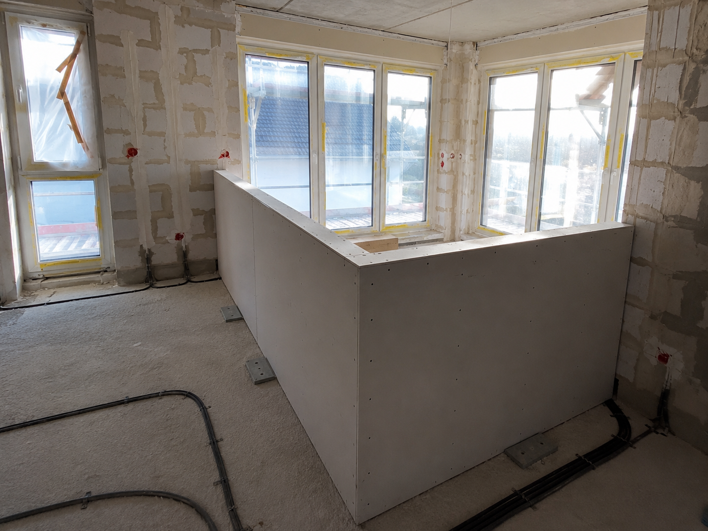 Innenraum eines Hauses unter Renovierung mit großen Fenstern, eine halb fertiggestellte Wand und sichtbaren Strom- und Wasserleitungen auf dem Boden.