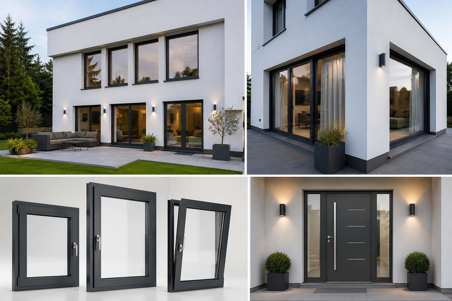 Modernes Haus mit großen Fenstern, Terrasse und Gartengrün. Innenansicht der Kunststofffenster und der Eingangstür mit Beleuchtung.
