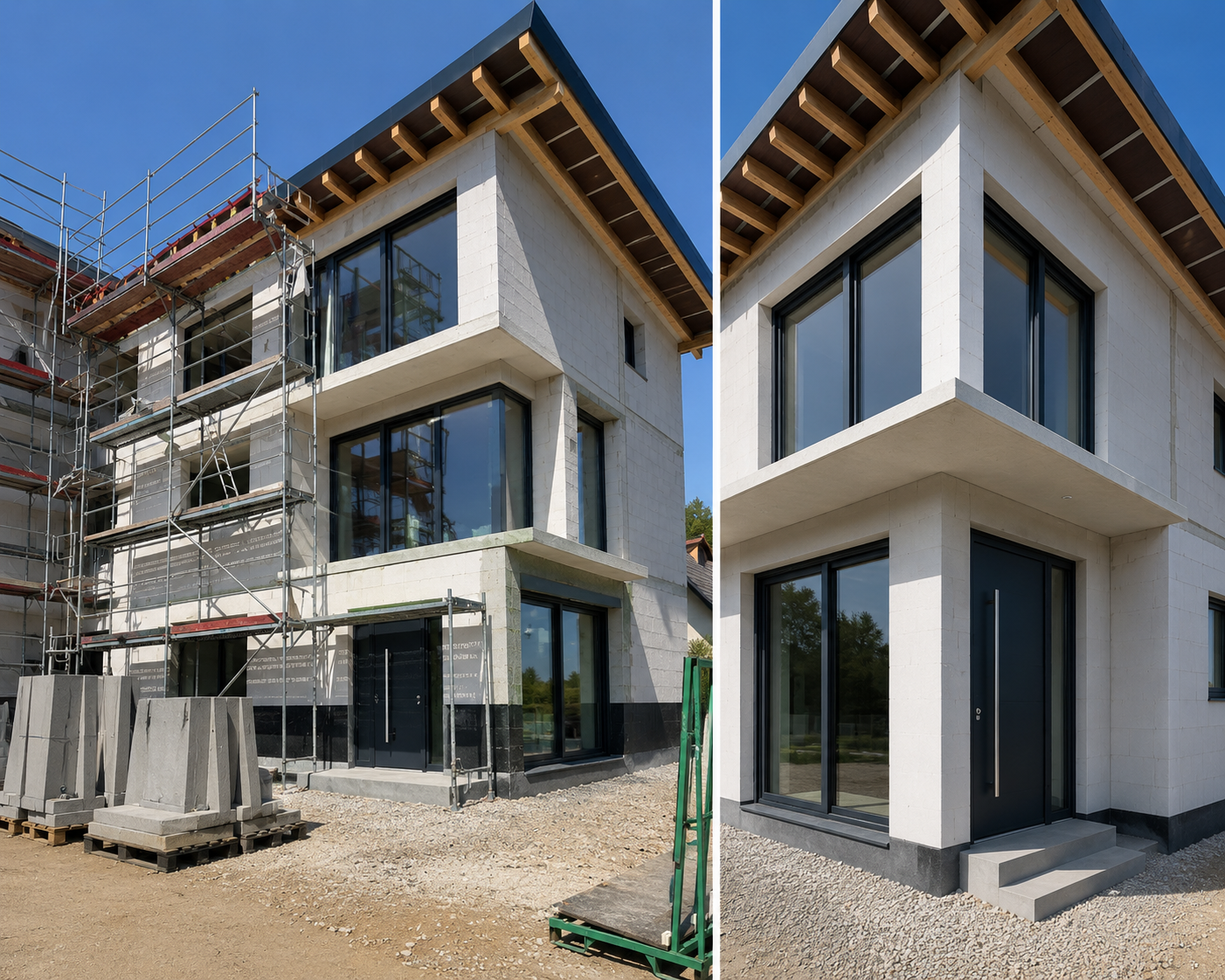 Vergleich eines Neubauhauses im Bau und fertiggestellt, beide mit moderner Architektur, großen Fenstern und weißer Fassade, das fertiggestellte Haus zeigt einen schwarzen Eingang mit eleganter Türkonstruktion.