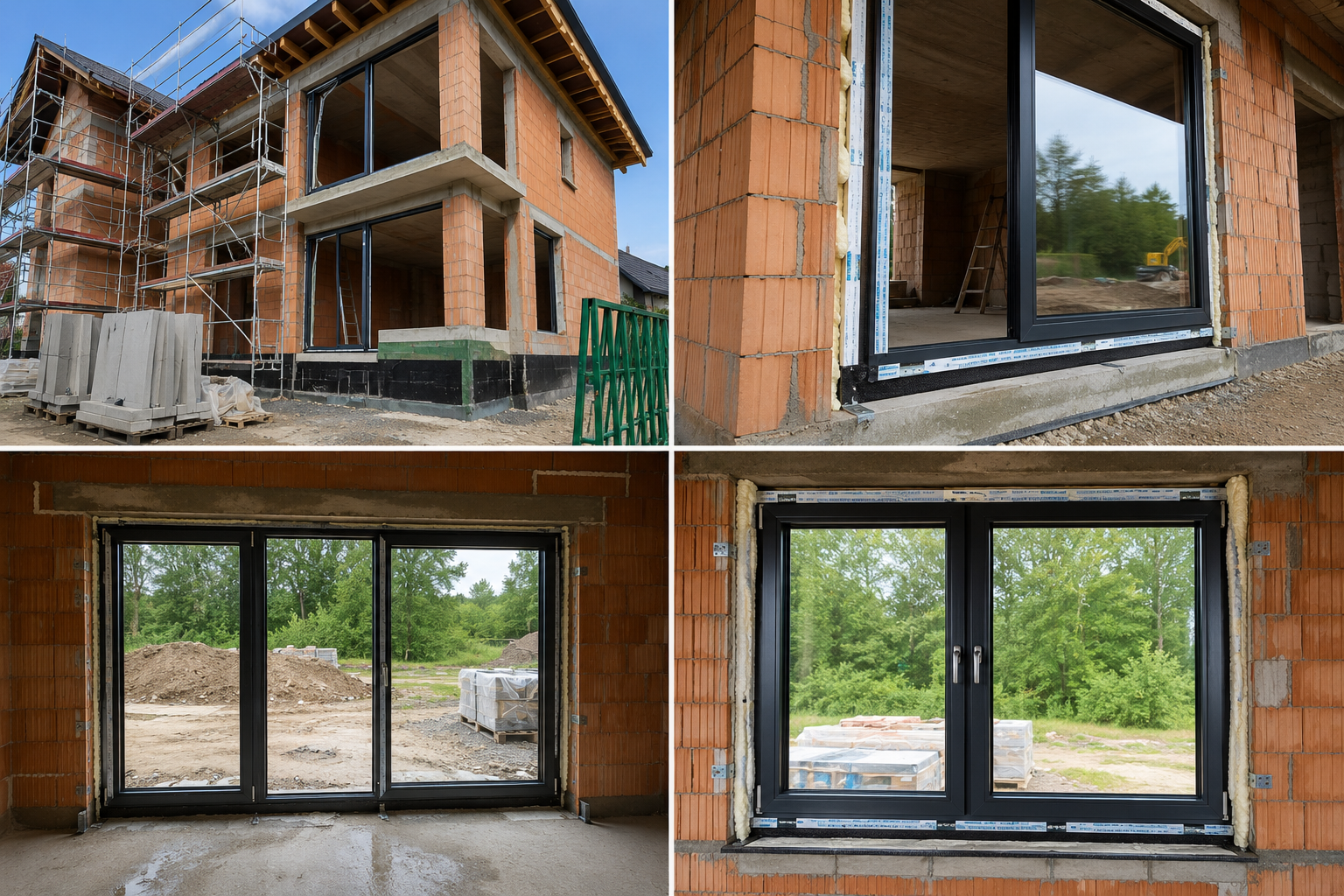 Bau eines mehrstöckigen Hauses mit roten Ziegelwänden, schwarzem Rahmenfenster und Baugerüst im Außenbereich; Innenansichten mit neuen Doppelglasfenstern in einem unvollendeten Raum mit Ziegelwänden und Sicht auf die grüne Landschaft im Hintergrund.