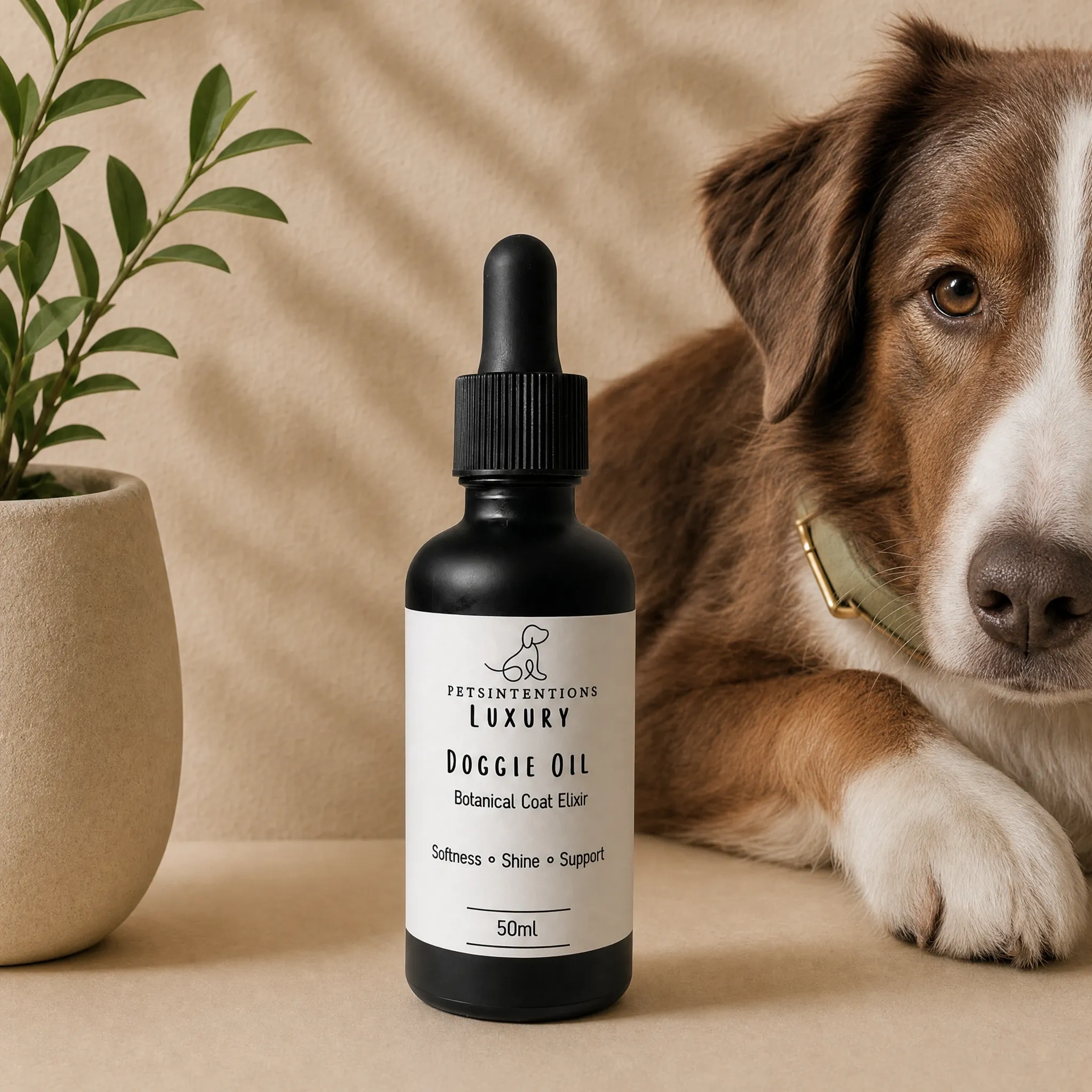 A bottle of pet doggie oil with a label that reads 'Petsintensions Luxury Doggie Oil, Botanical Coat Elixir, Softness, Shine, Support, 50ml'. To the left, there is a beige pot with a leafy green plant, and partially visible on the right is a furry brown dog with a gold collar.