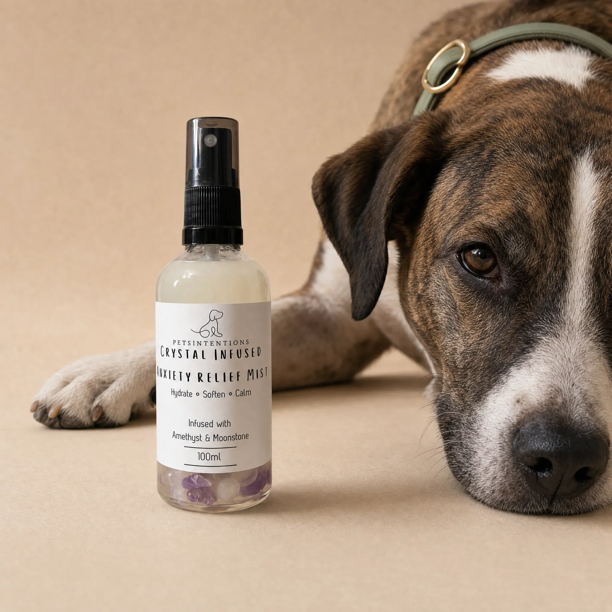 A dog's face, showing part of its snout, eye, and floppy ear, with a beige background. In front of the dog is a spray bottle labeled 'Pets Intentions Crystal Infused Anxiety Relief Mist,' containing purple and clear beads, with a pump dispenser on top.