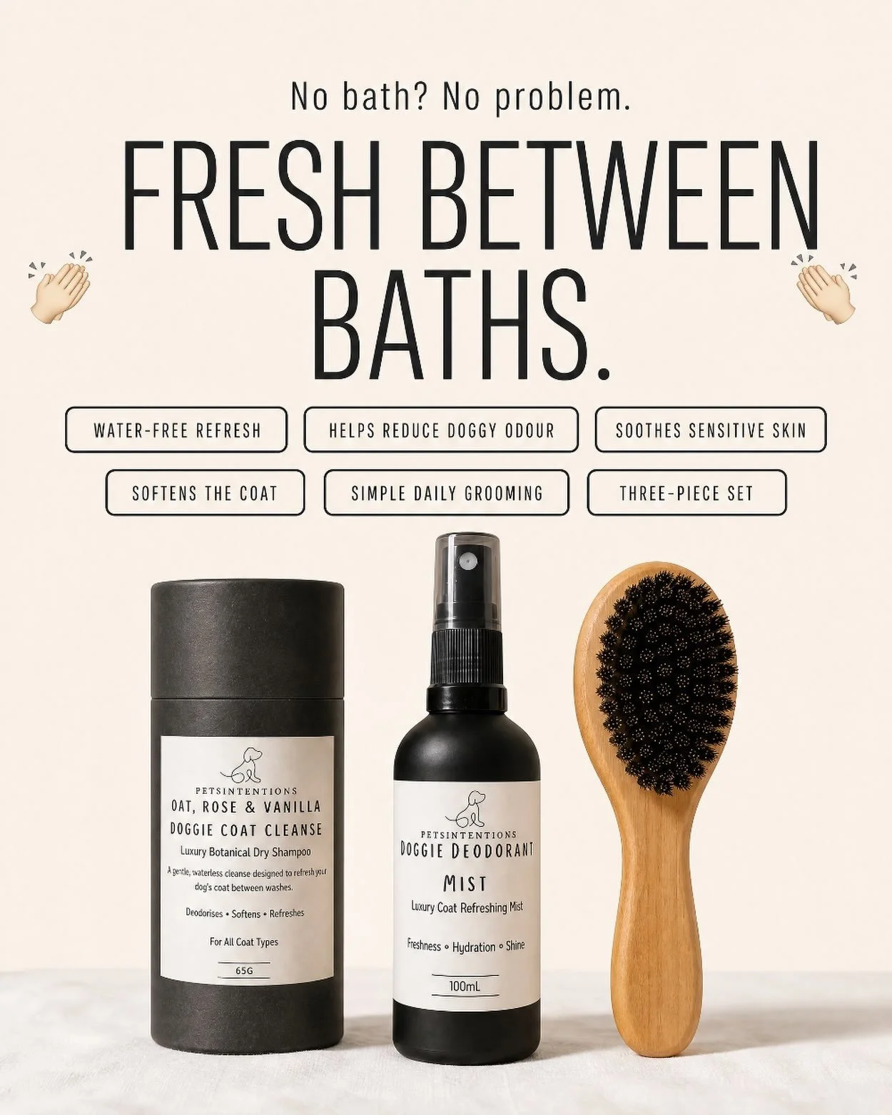 No bath? No problem 🐾✨

Keep your pup feeling fresh between wash days with our Everyday Fresh Bundle 🤍

A simple 3-step routine to refresh, deodorise and keep their coat looking its best &mdash; without needing to jump in the bath.

🌿 Oat, Rose &a