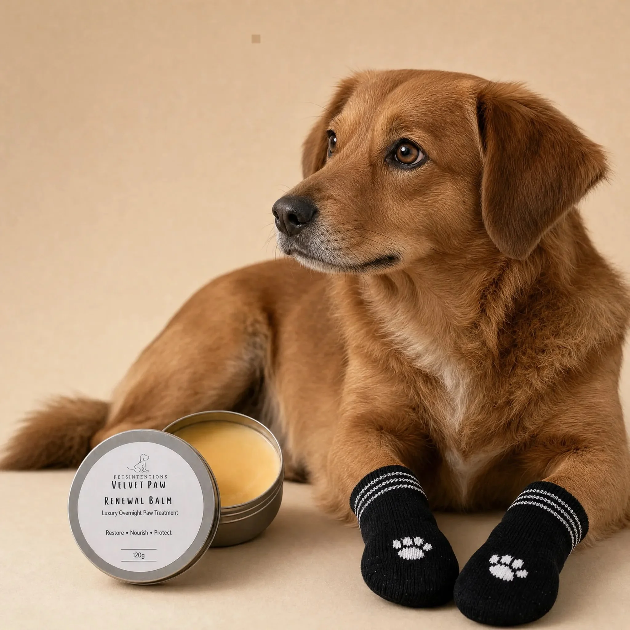 Turn your dog&rsquo;s bedtime routine into a luxurious self-care ritual with the Petsintentions Velvet Overnight Doggie Renewal Balm + Socks &mdash; a rich botanical dog paw balm created to deeply condition dry paw pads, rough areas and skin needing 
