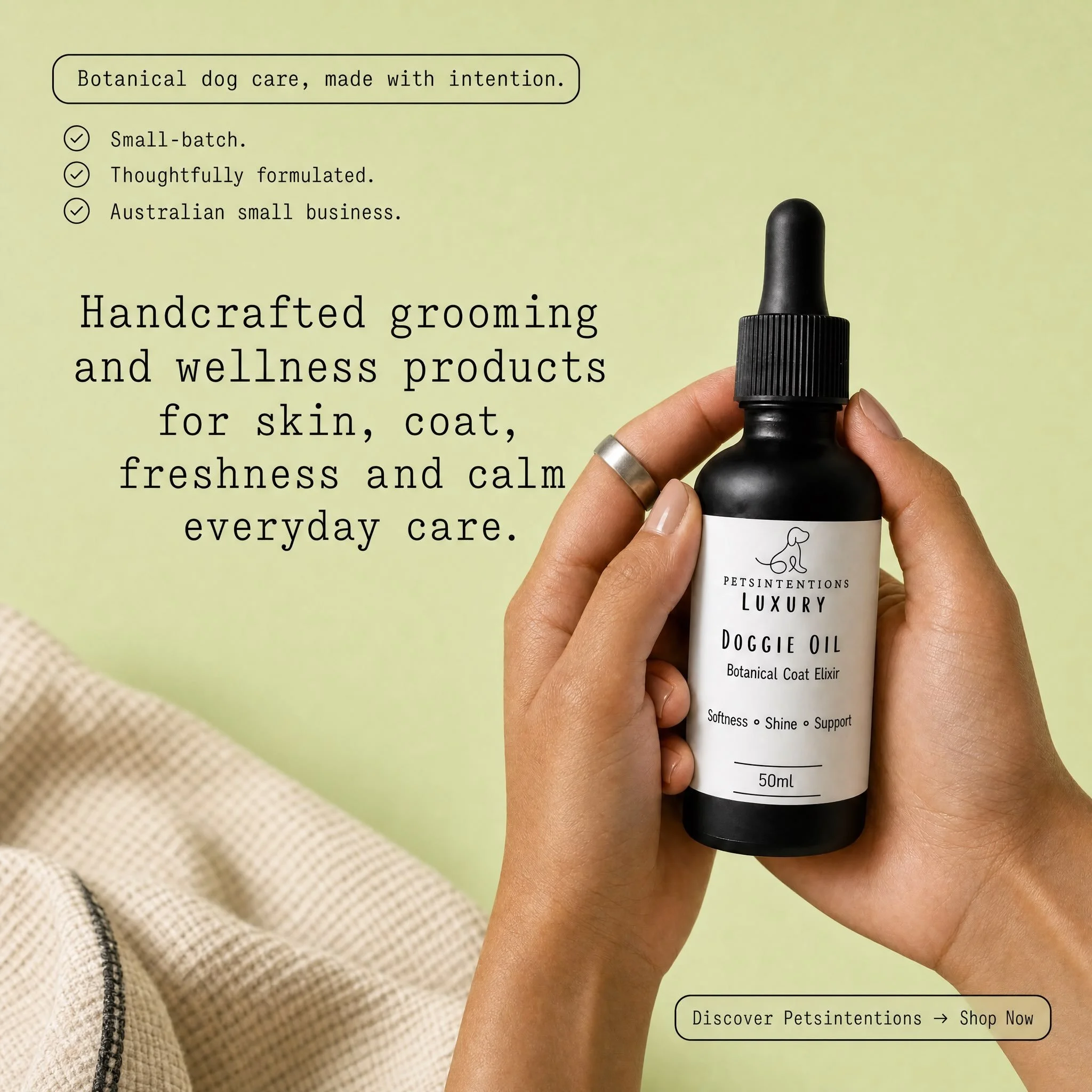 Good coat days start with intentional care. ✨

Our Luxury Doggie Oil is a rich botanical coat elixir created to nourish, soften and bring out that beautiful natural shine. 🤎

Made with a thoughtfully selected blend of plant oils to support:

✨ Softe