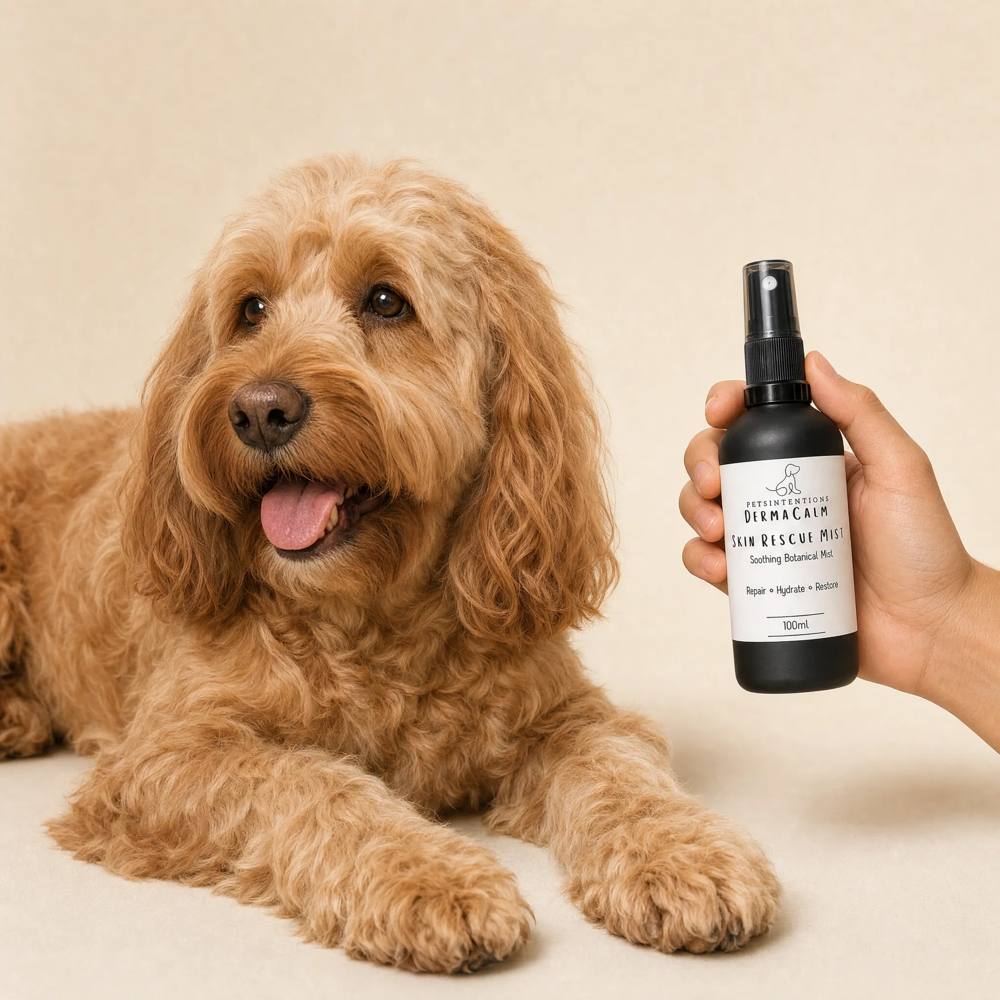 A fluffy, golden-colored dog with long ears and brown eyes sitting on a light-colored surface, with a spray bottle of skin rescue mist held nearby.