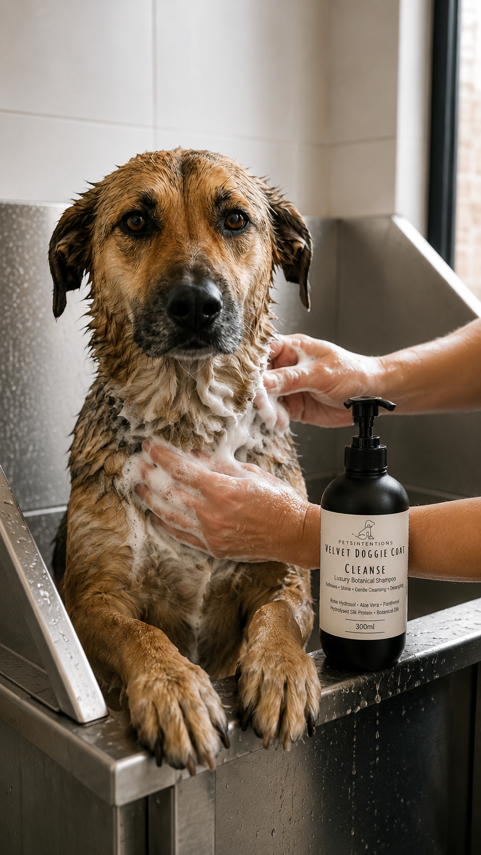 A wet dog being bathed in a stainless steel tub by a person using a bottle of luxurious botanical shampoo. The dog is covered in soap suds, and the person's hands are lathering the dog.