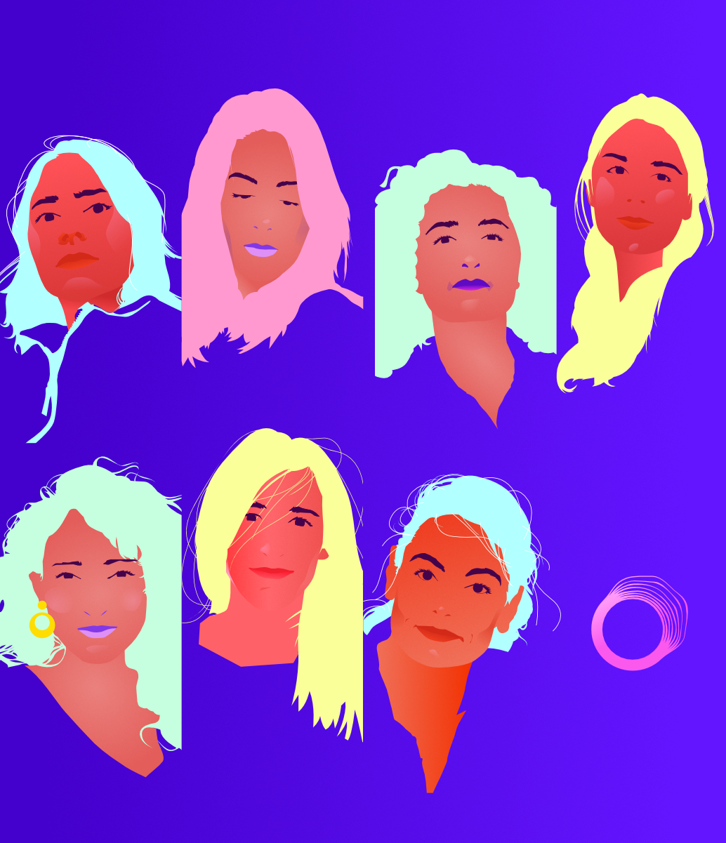 Illustration stylisée de sept femmes avec différentes coiffures et expressions sur un fond violet.