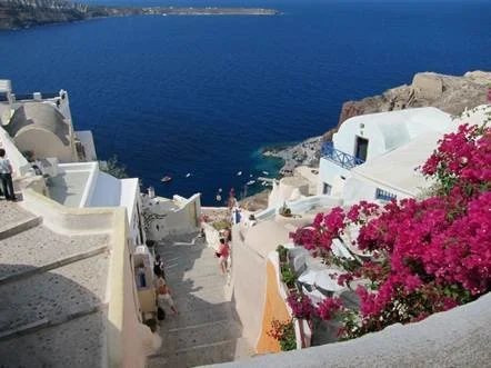 A view of white buildings and stairs on a hillside overlooking the blue sea, with pink flowering bushes in the foreground.