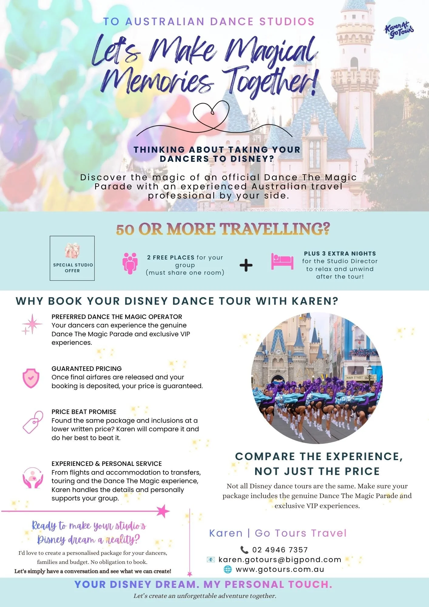 Flyer for Disney dance tour package: includes castle in background, Disney parade with dancers, and colorful balloons.