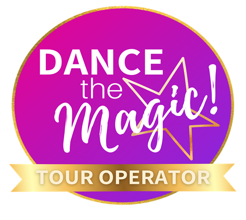 Purple circular logo with the text "Dance the Magic!" and a star illustration. Below, a gold banner reads "Tour Operator."